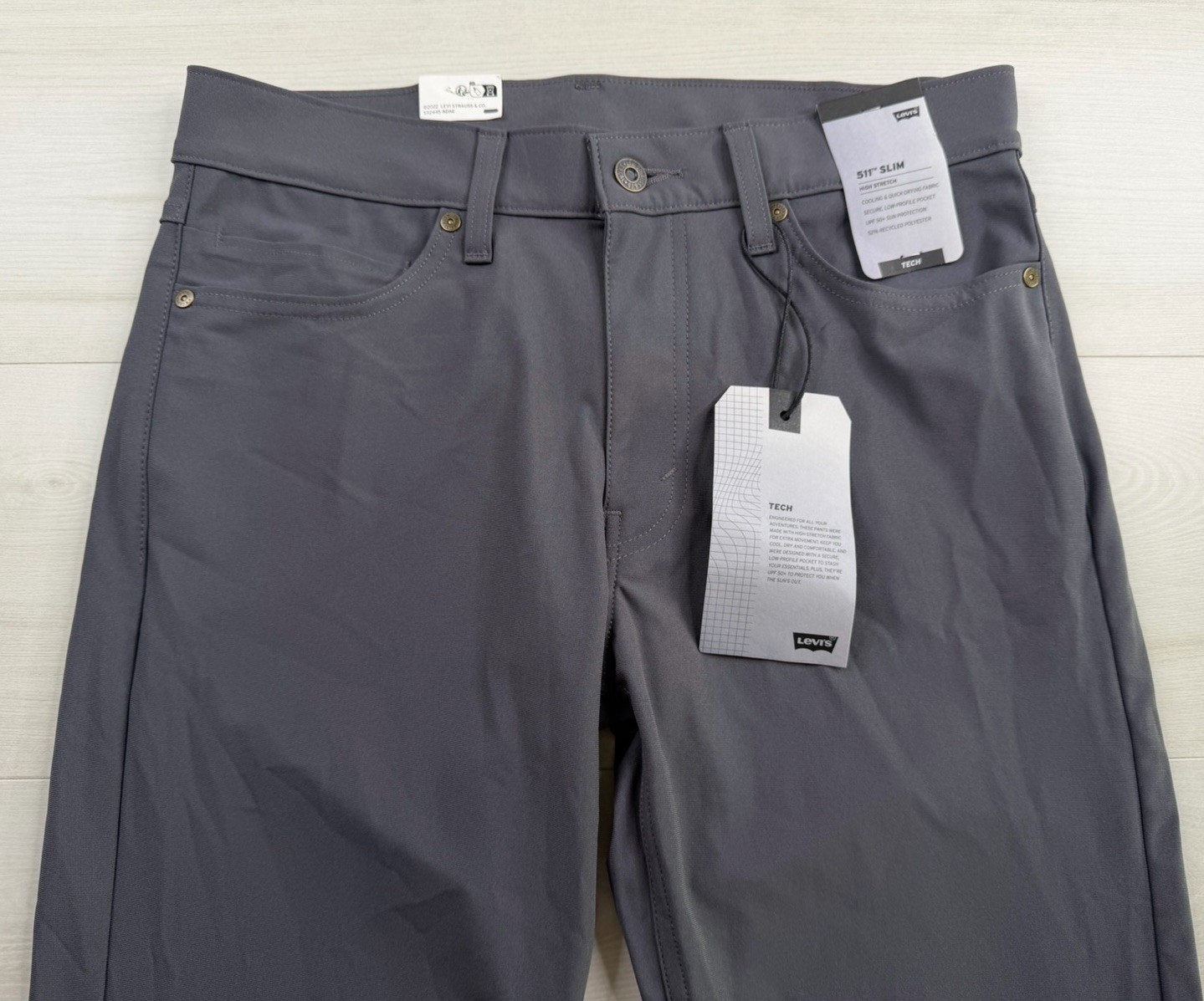 Levis 511 Slim Tech Pants Gray Performance Stretch UPF 50 Quick Dry 32×32 NWT