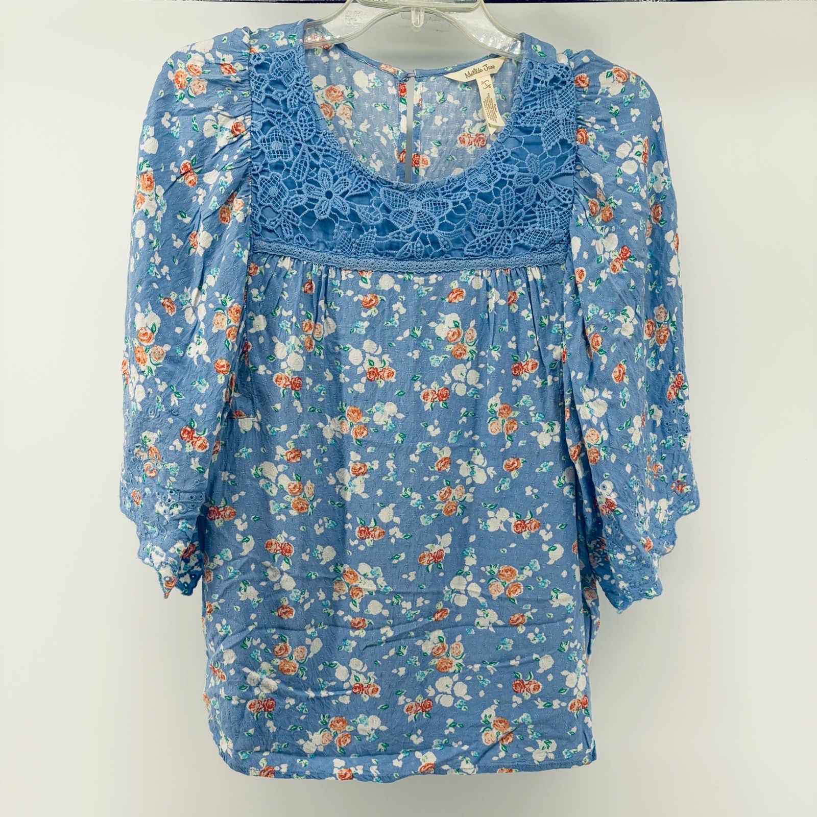 Matilda Jane Top Large Blue Floral Crochet Lace Butterfly Sleeve Boho Flowing