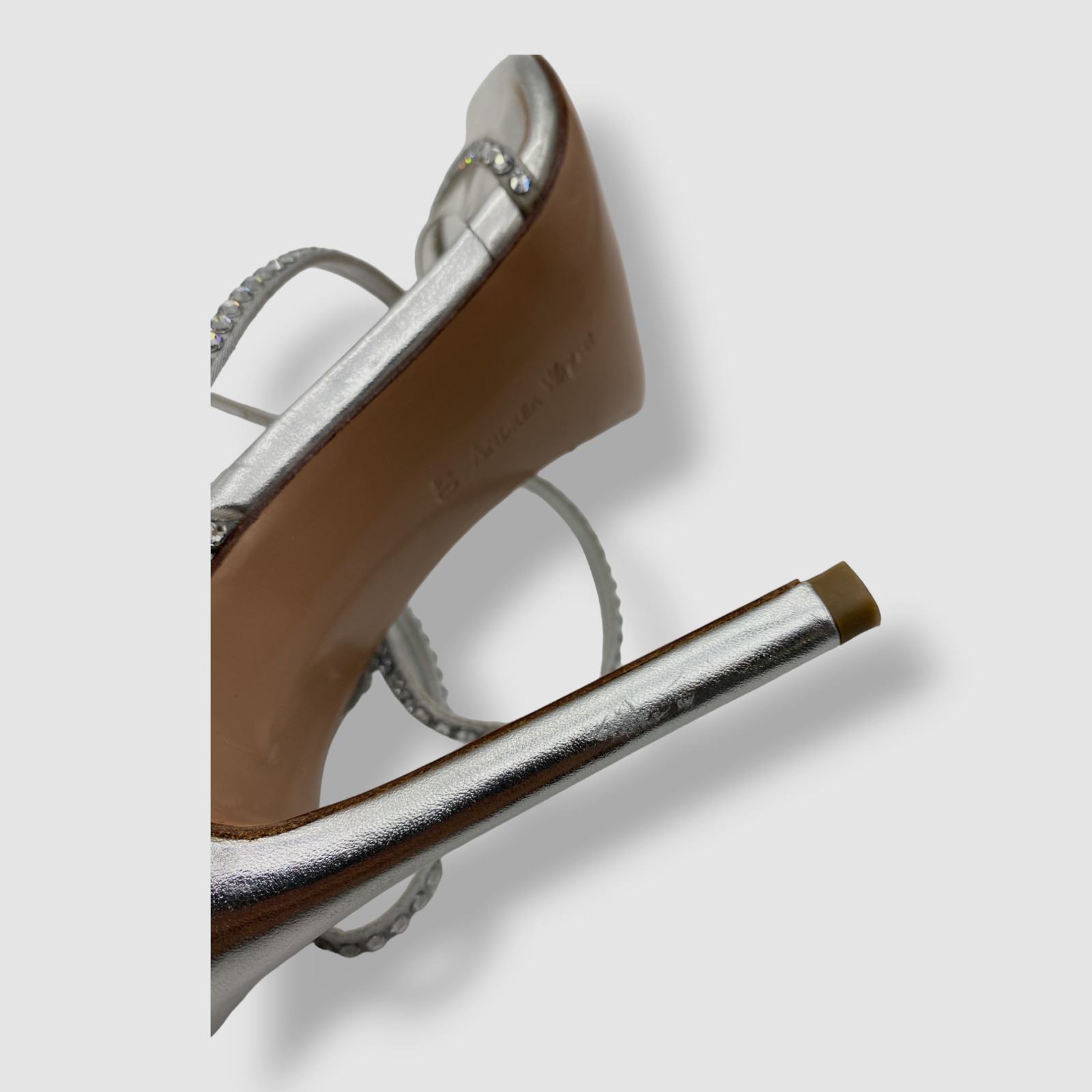 $695 Andrea Wazen Women’s Silver Dassy Sunset PVC Ankle Wrap Pump Heels Shoes 36