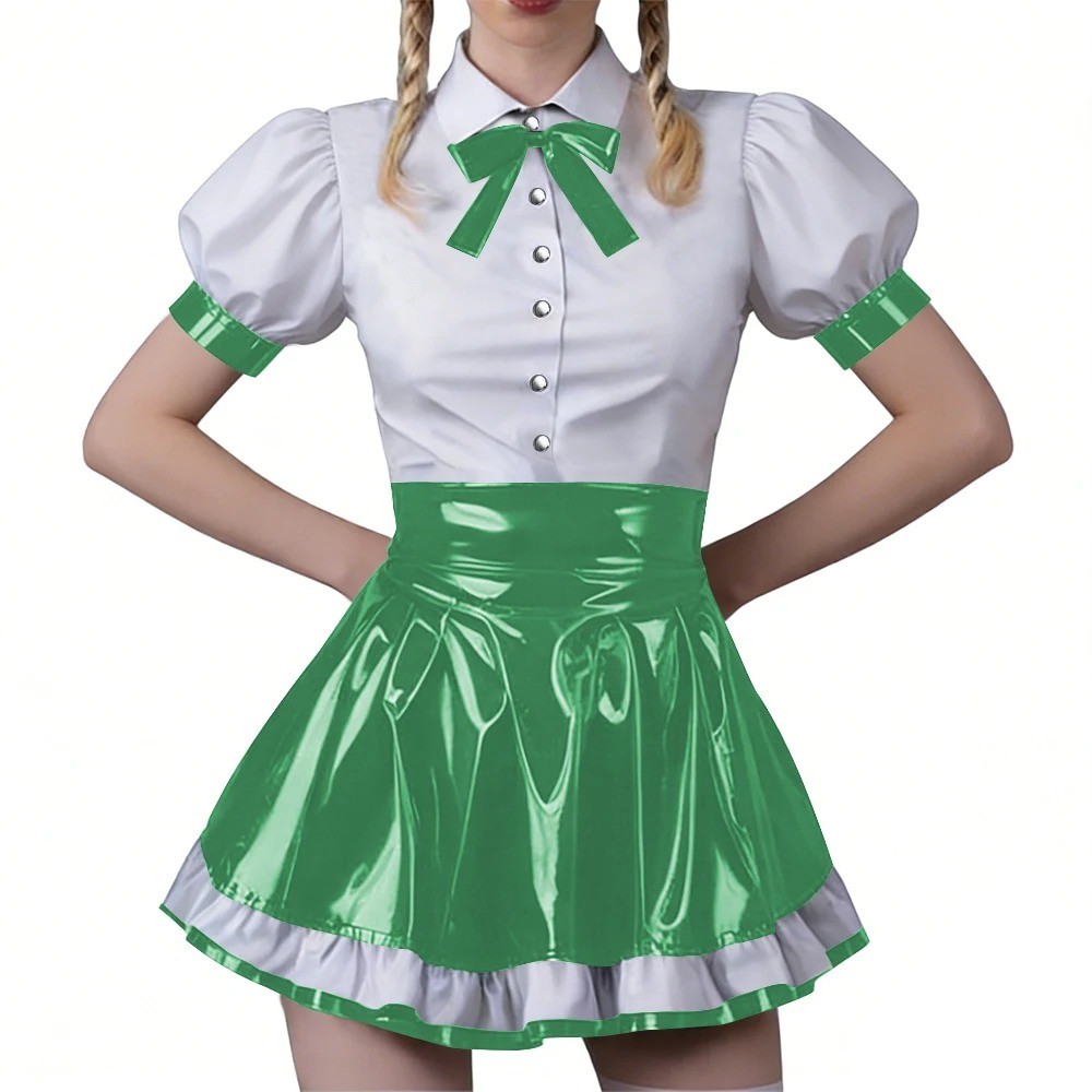 Women Vinyl PVC Bodycon Maid Sets Sweet Sexy Top Party Cosplay Unifom Skirt