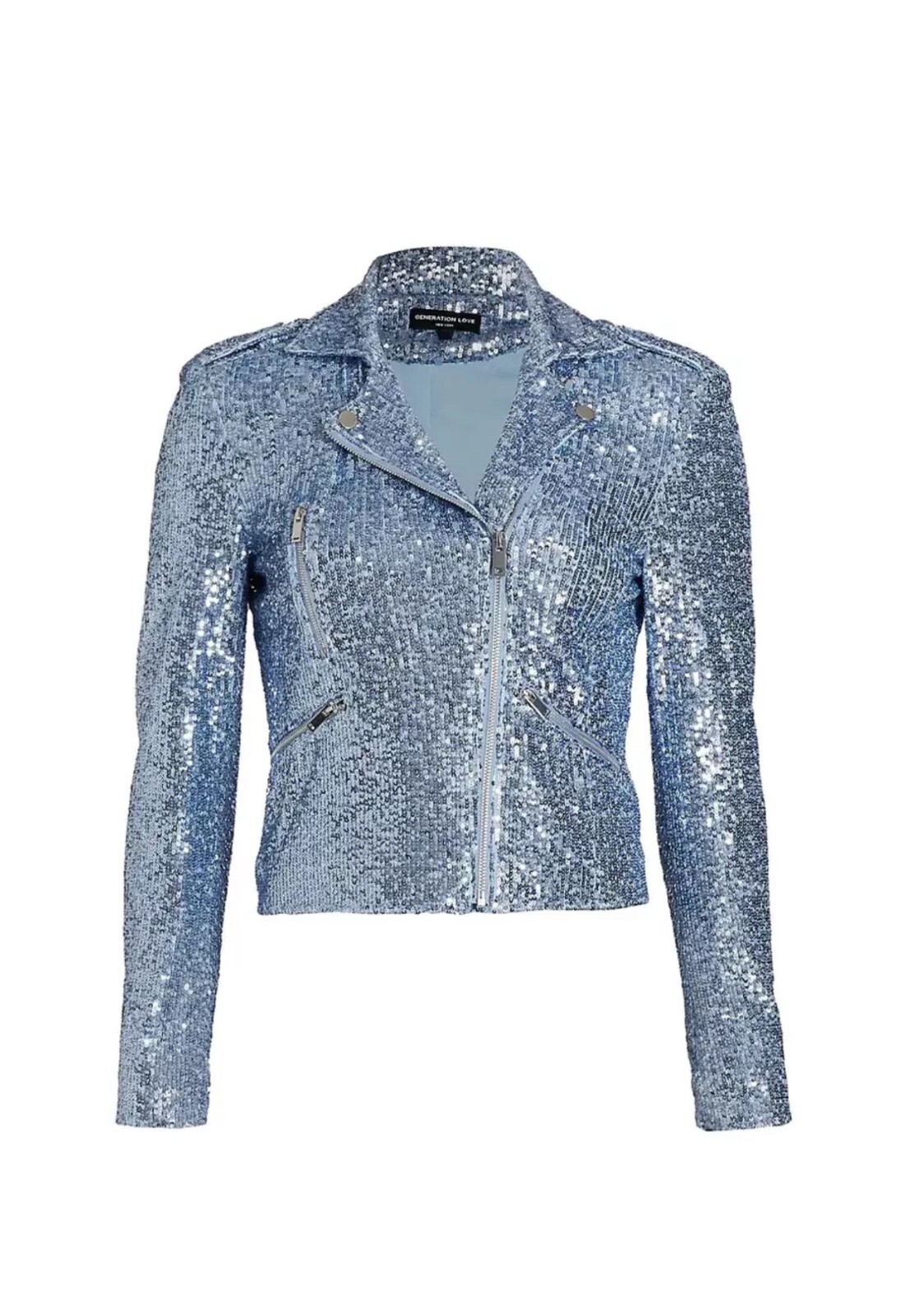 Generation Love Robin Sequin Moto Jacket Long Sleeves Cropped Silver Blue Sz XS