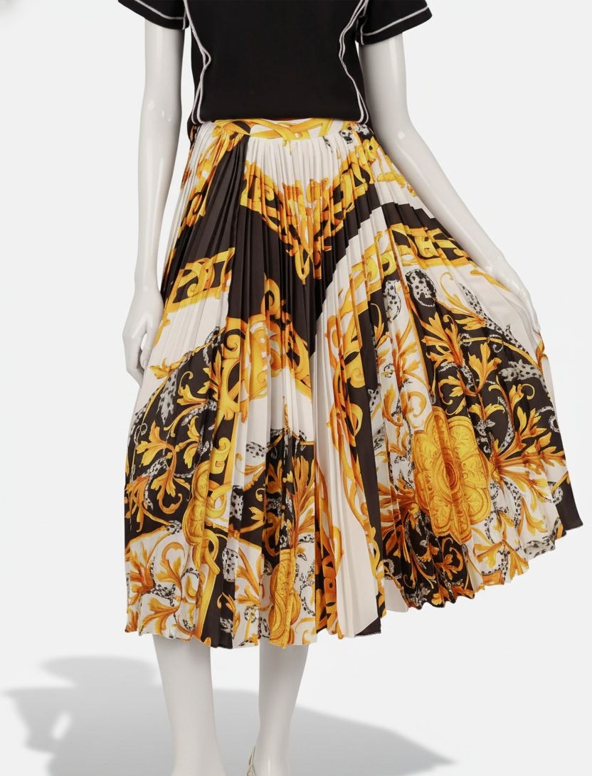 Versace Women’s Yellow Baroque Printed Gold-Tone Pleated A-Line Skirt Size 40