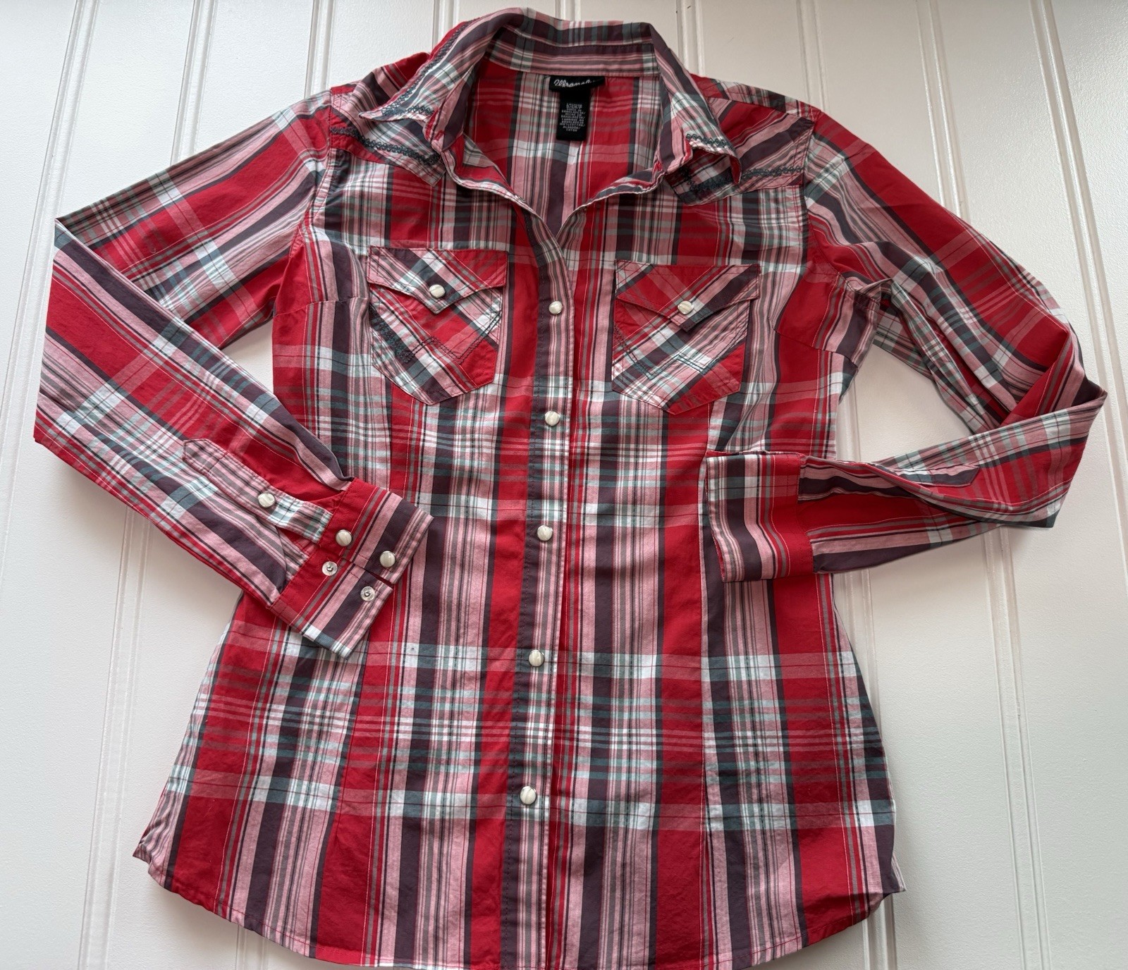 Wrangler Retro Shirt Womens Small Red Plaid Western Pearl Snap