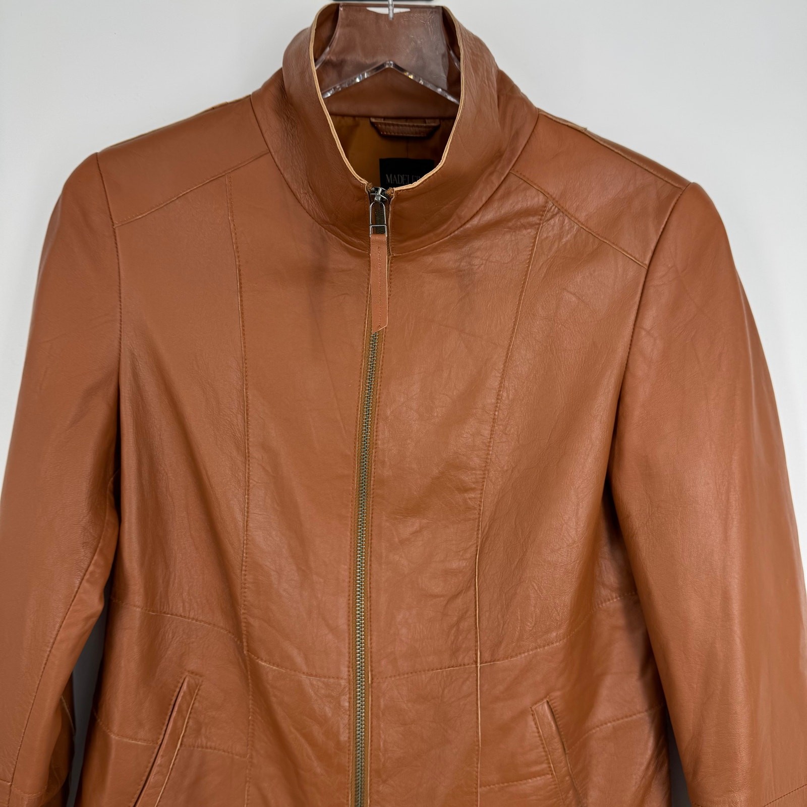 Madeleine jacket women’s 8 100% lamb soft Nappa leather zip front cognac brown