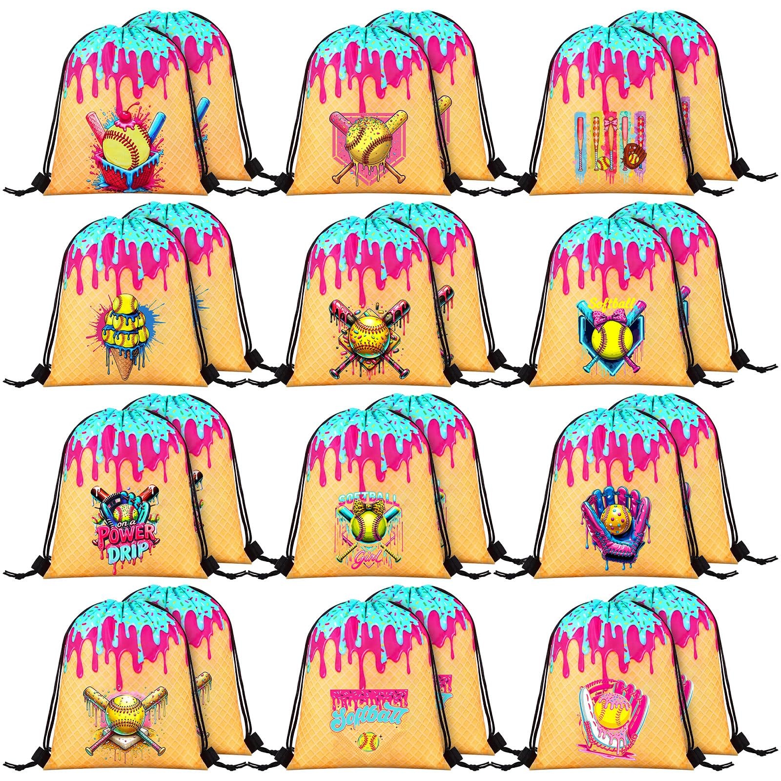 24 Pcs Ice Cream Drip Softball Drawstring Bags Bulk 11.81×9.84 Inch Sport Par…