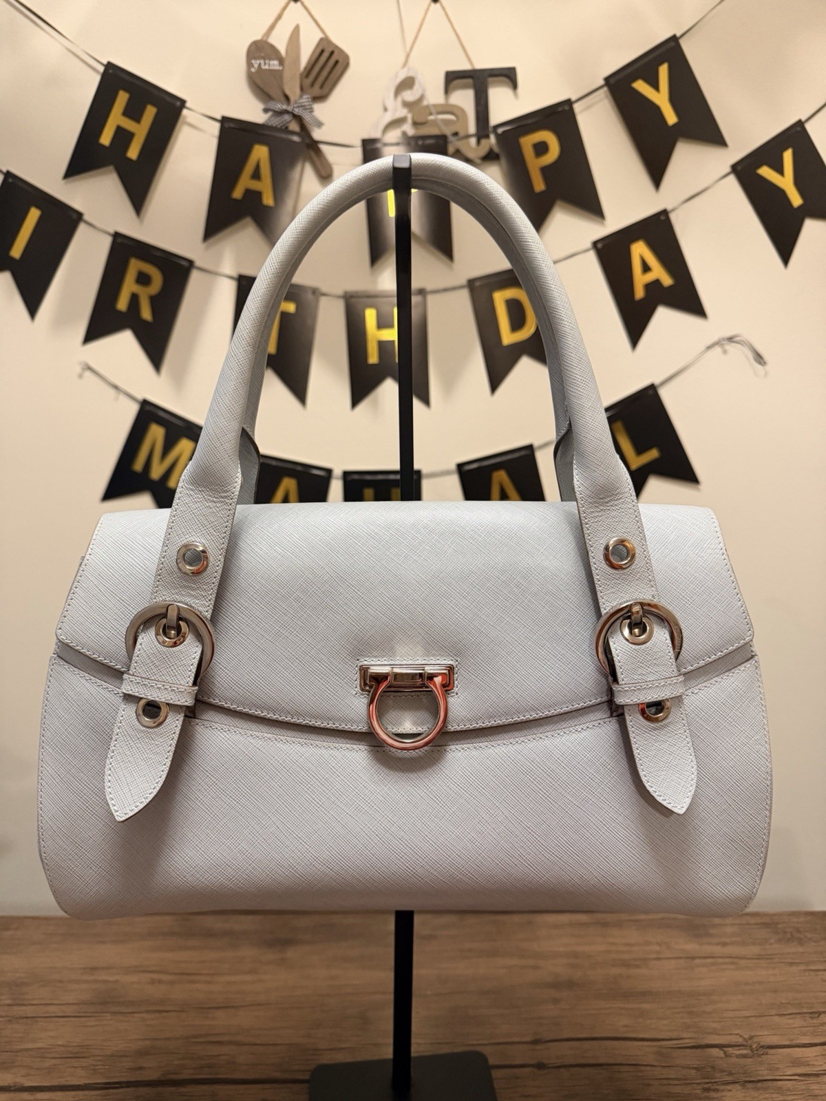 Salvatore Ferragamo Gancini Leather Shoulder Bag Tiffany Light Blue Silver HW