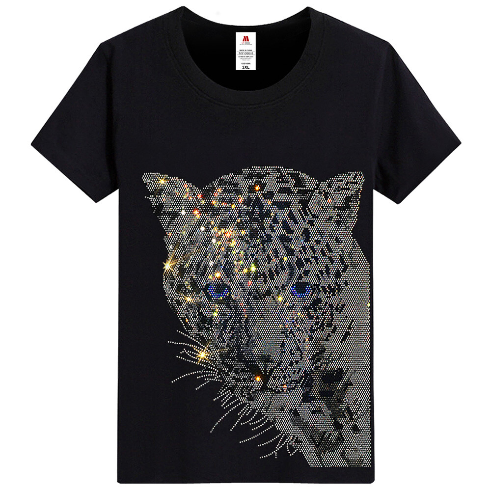 Men Fashion Diamonds T-Shirt Leopard Print Rhinestones Hot Drill Short Sleeve