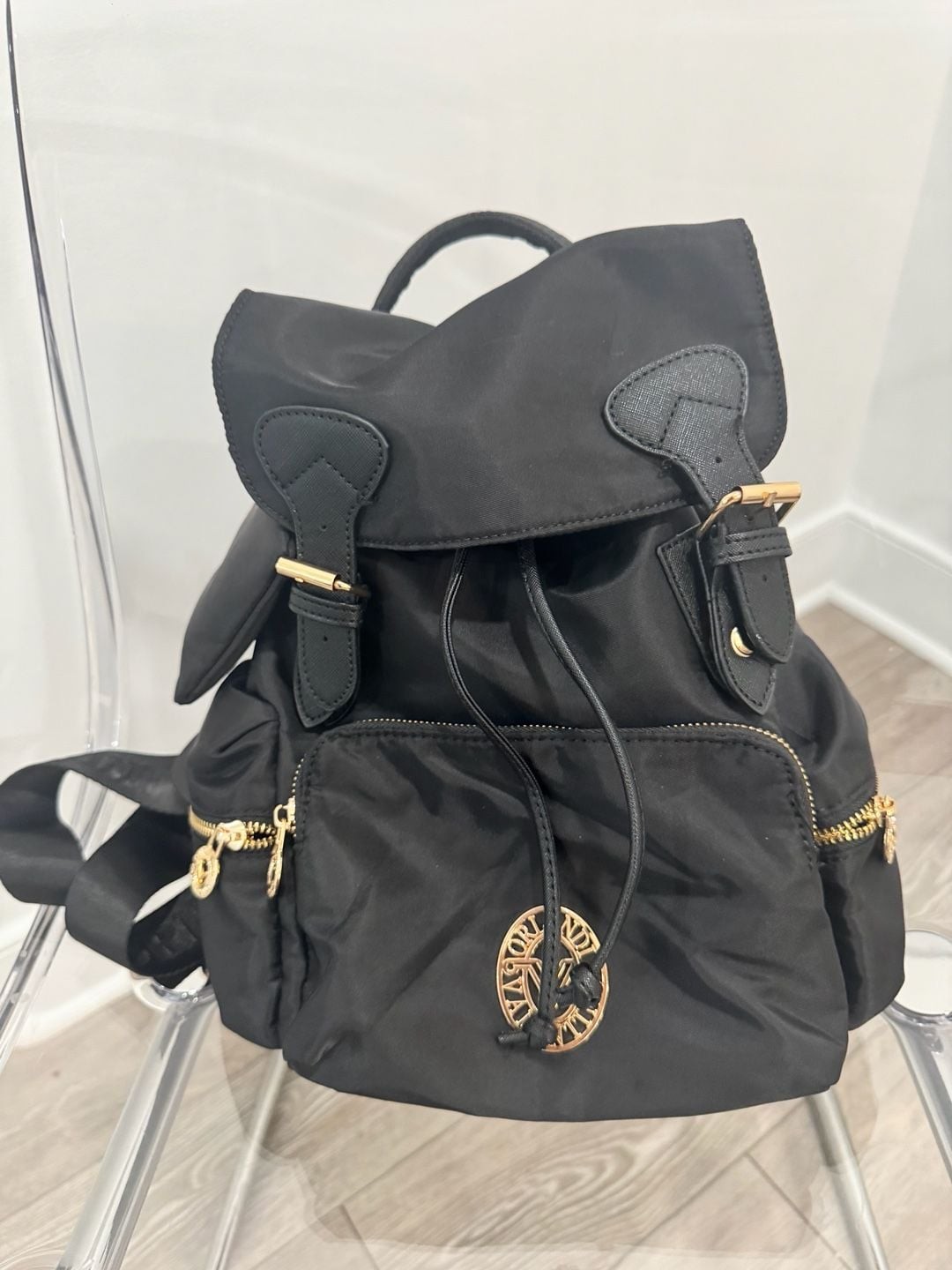 Valentino Orlandi Black Nylon Backpack Gold Hardware Drawstring Bag