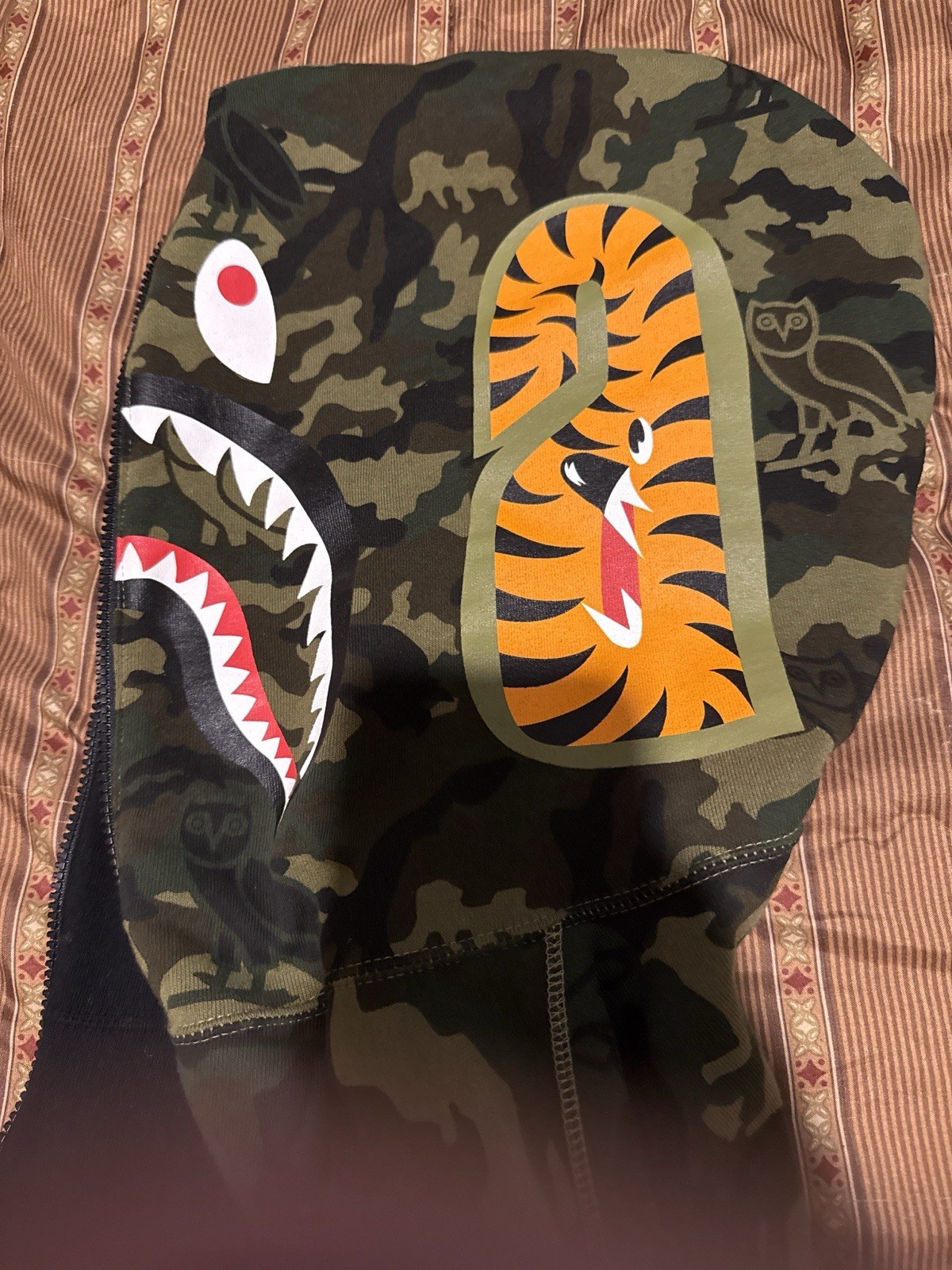 A Bathing Ape x OVO Full Zip Shark Camo Cotton Fleece Hoodie Black/Green XL