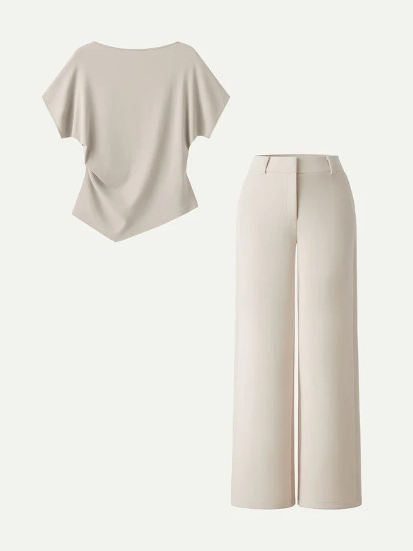 OGL 2Pcs Set Boatneck Angled Tee & Mid Rise Wide Leg Trousers – Free SHIPPING!!!