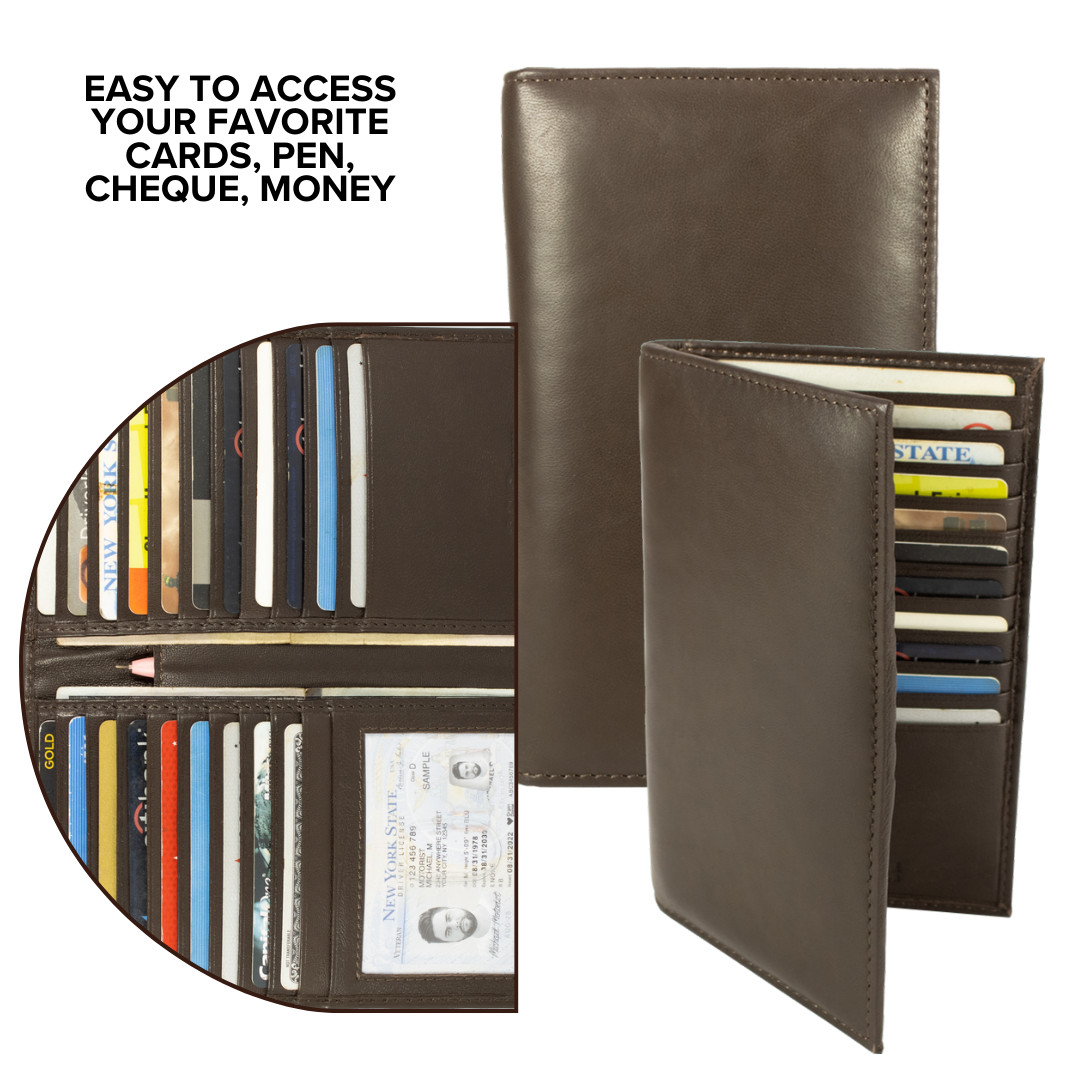 Checkbook Cover, Genuine Leather Bifold Long Checkbook with RFID Blocking, Brown