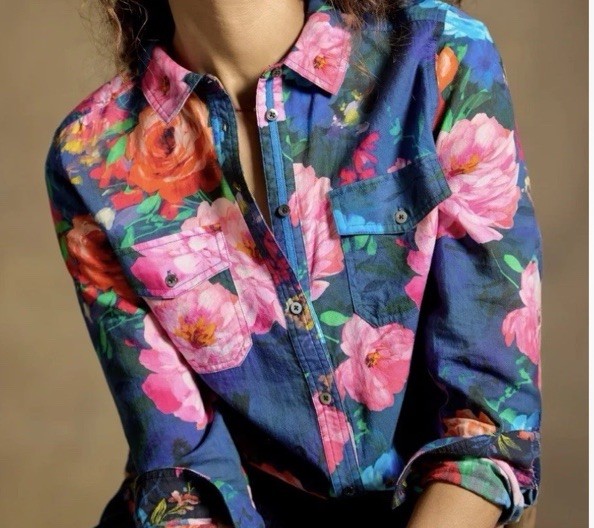 NEW Sundance Catalog Floral Joy Womens Top Button Navy Flowers Long Sleeve M