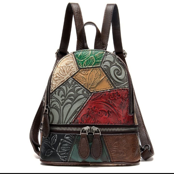 Women Genuine Leather Bag Purse Patchwork Embossed Backpack Handbag Boho Vintage