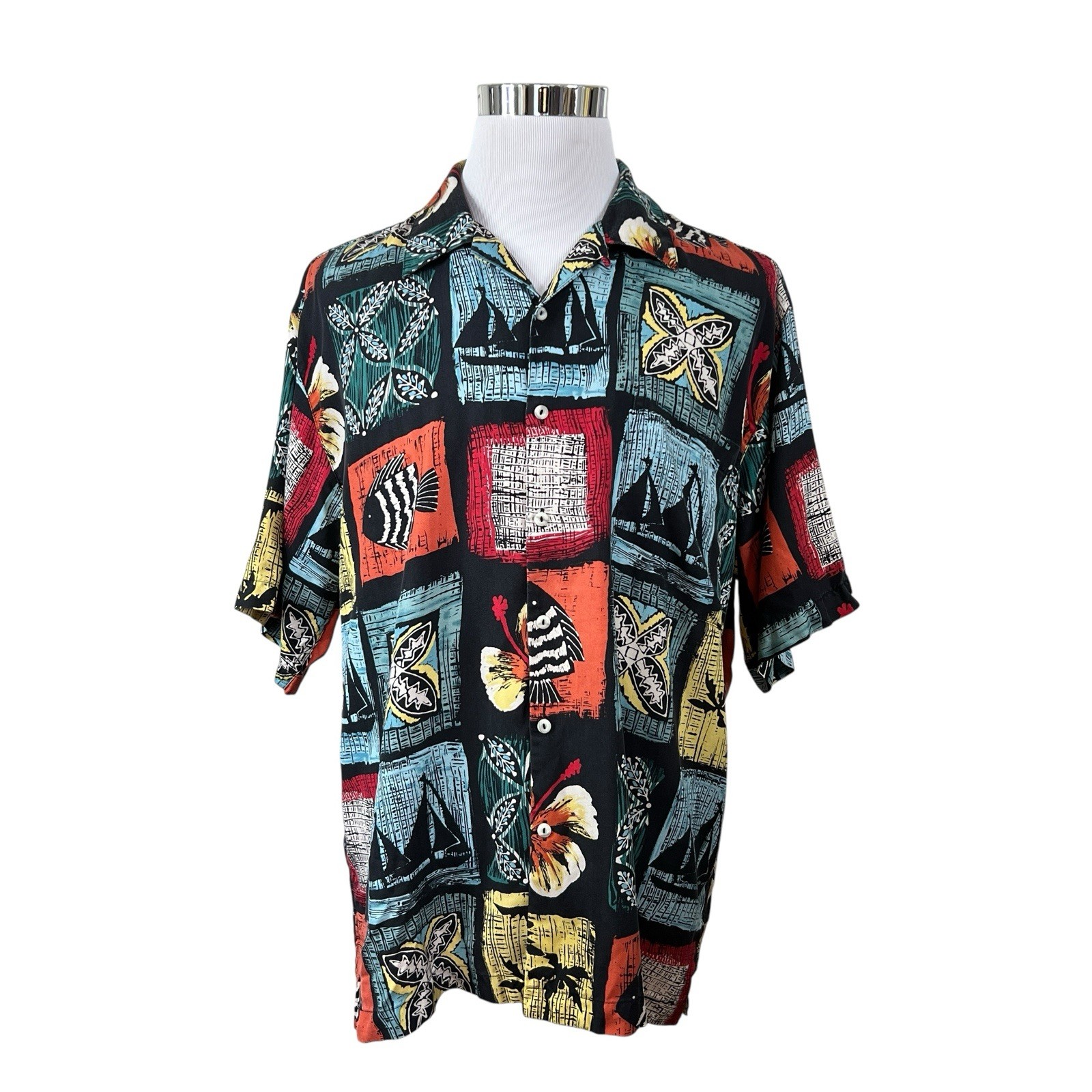 Vintage Burma Bibas Silk Shirt L Multicolor Floral Blue Multi Hawaiian Tropical