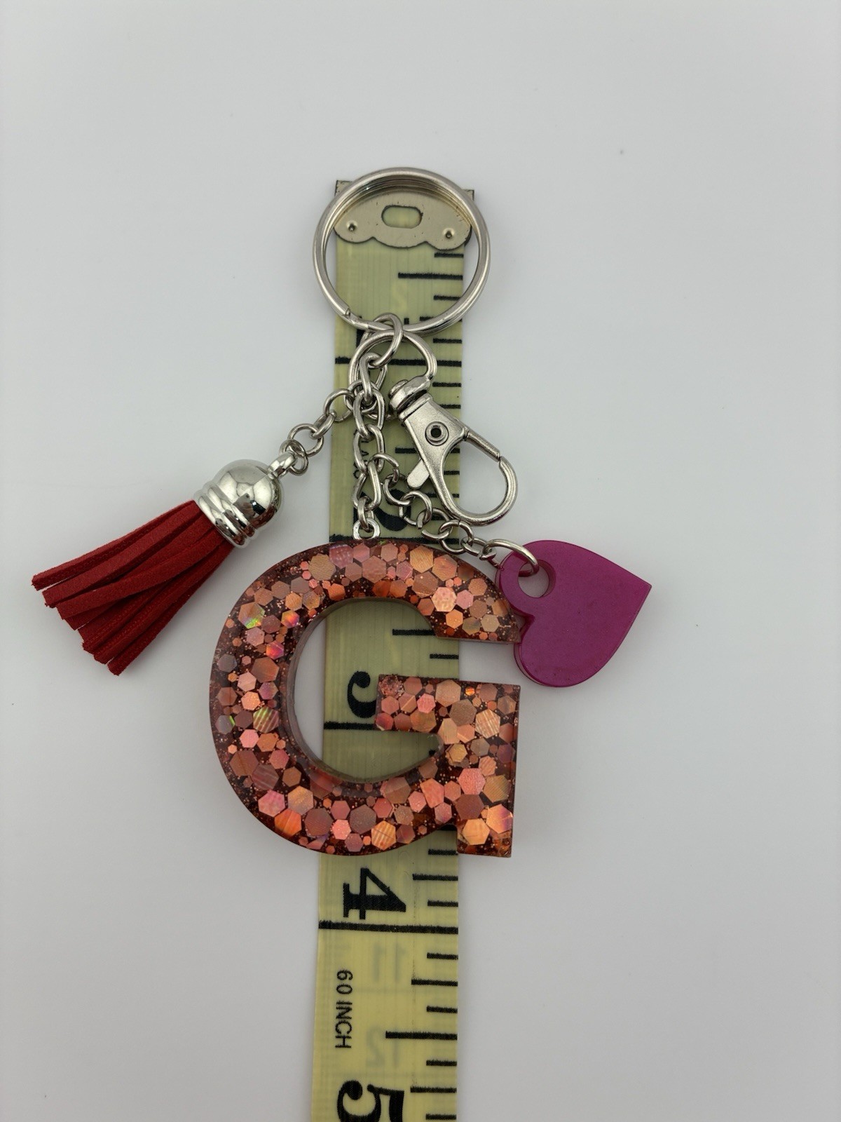 Handmade Epoxy Resin Letter G Keychain Rose Gold Glitter Heart Tassel New