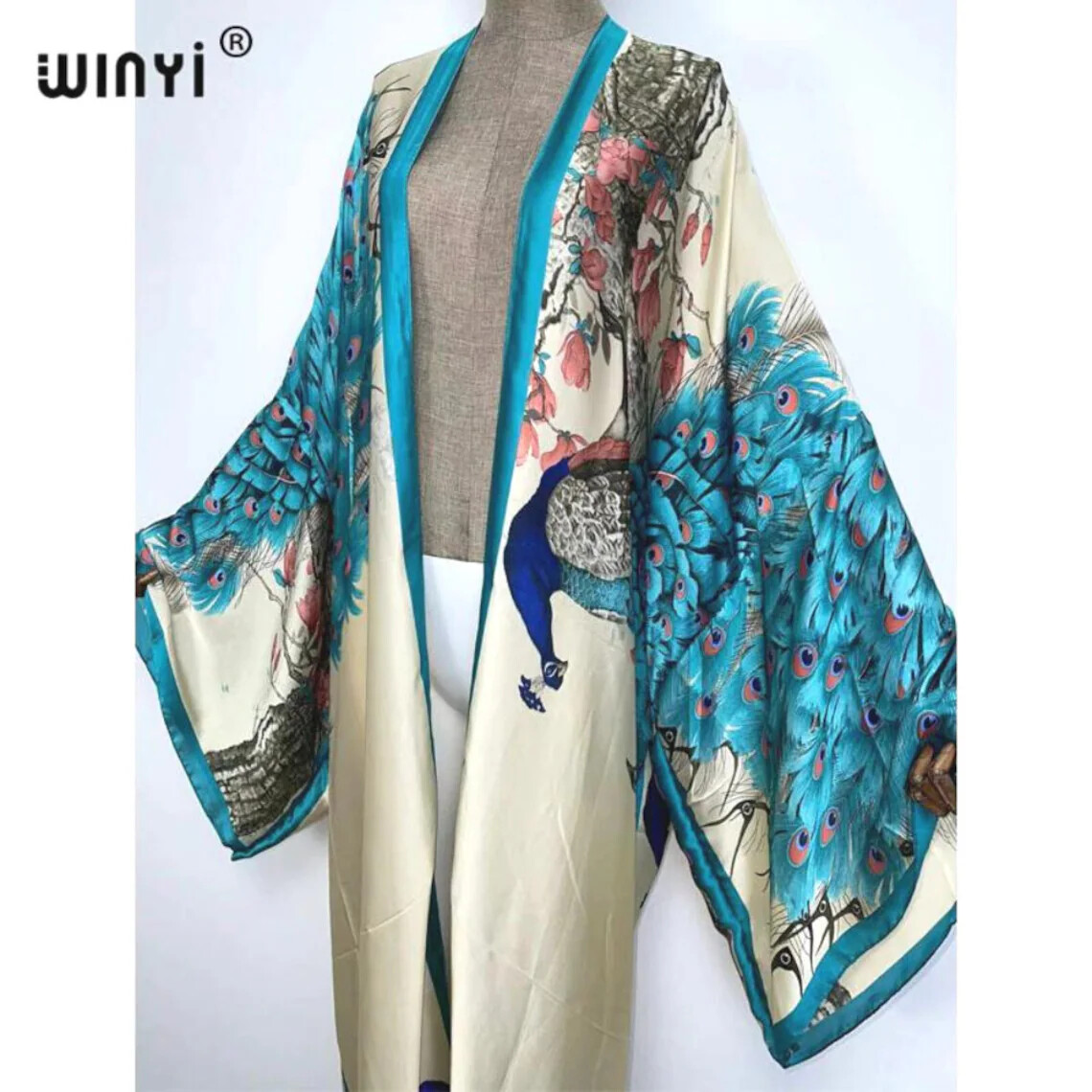 Pink Peacock Kimono Batwing Cardigan Silky Robe Beach Kaftan Robe Pink Abaya