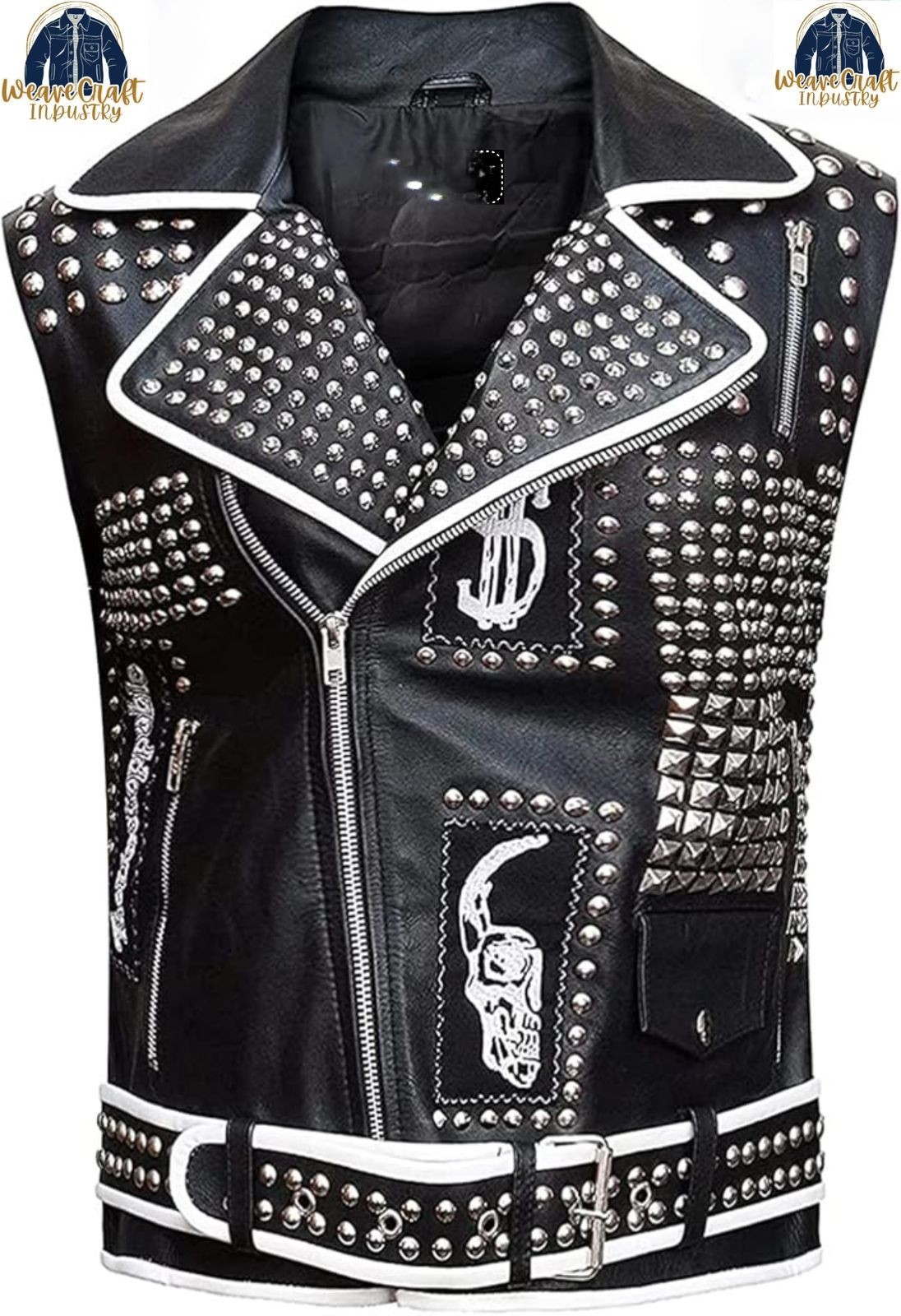 Men’s Black Leather Studded Biker Vest Punk Rock Gothic Skull Motorcycle Vest