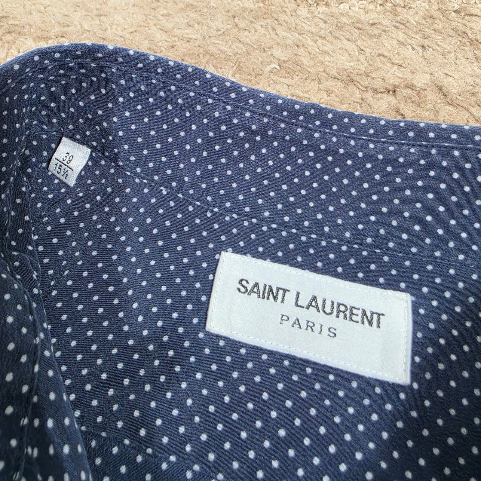 Saint Laurent Paris 100% Silk Polka Dot Dress Shirt Mens 39 15.5