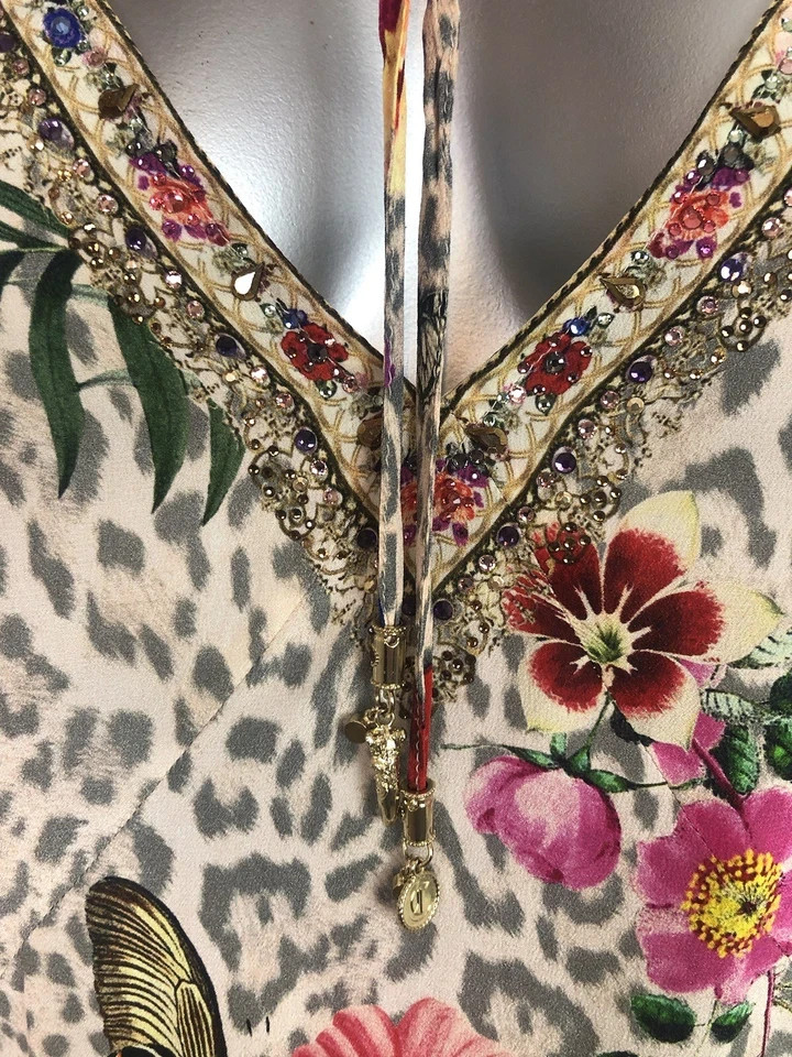 Camilla M/L 12 LEOS BOUQUET A-Line Gathered Panel Dress Short Silk Crystals $699