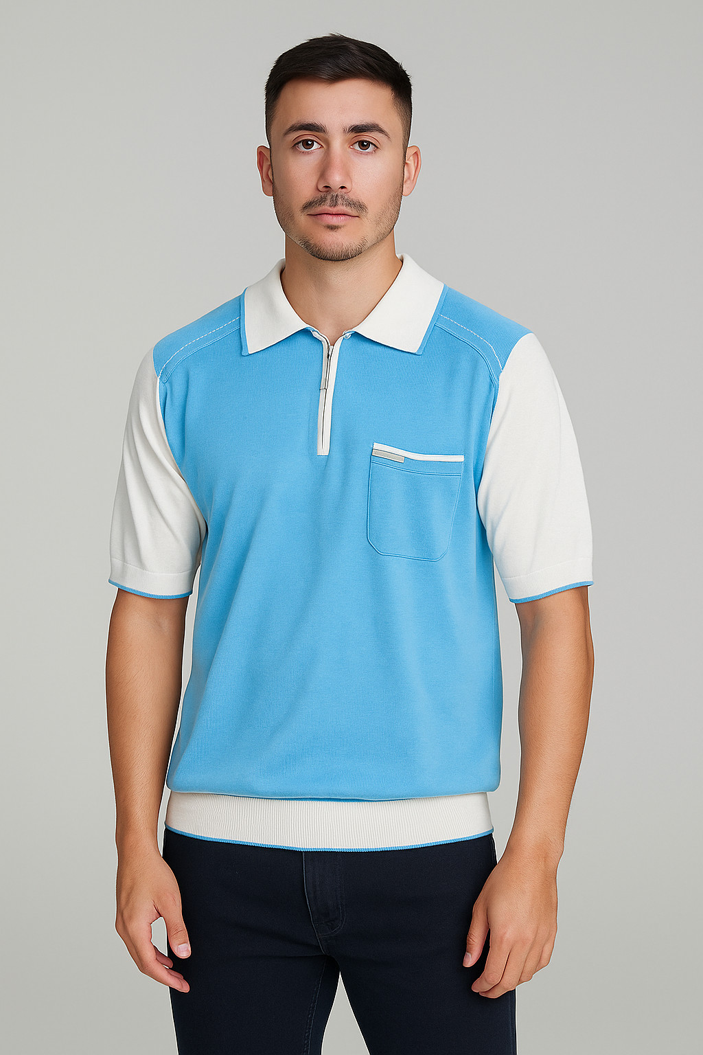 STEFANO RICCI men’s 100% silk quarter zip polo shirt – blue / white – size XL