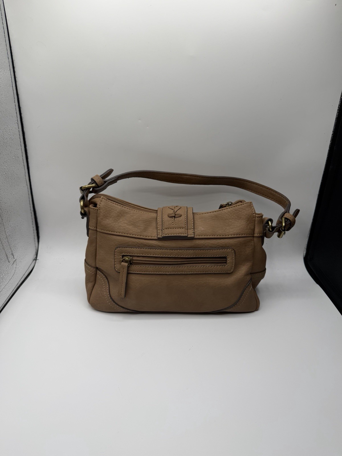 Chaps Brown Shoulder Bag Zip Top Gold Hardware Buckle Lacing Inner/Outer Pockets