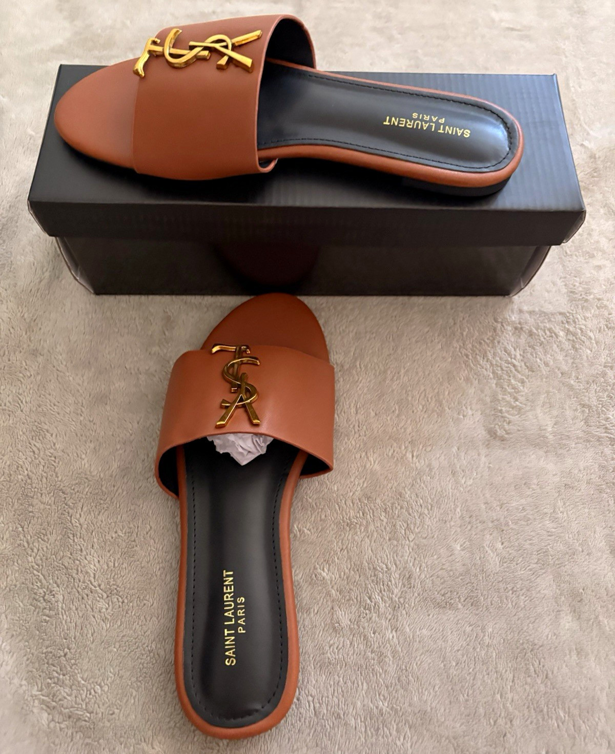 Saint Laurent Women’s Leather Logo Slide Sandals Brown/Black/Gold Slip-On Sz 6.5