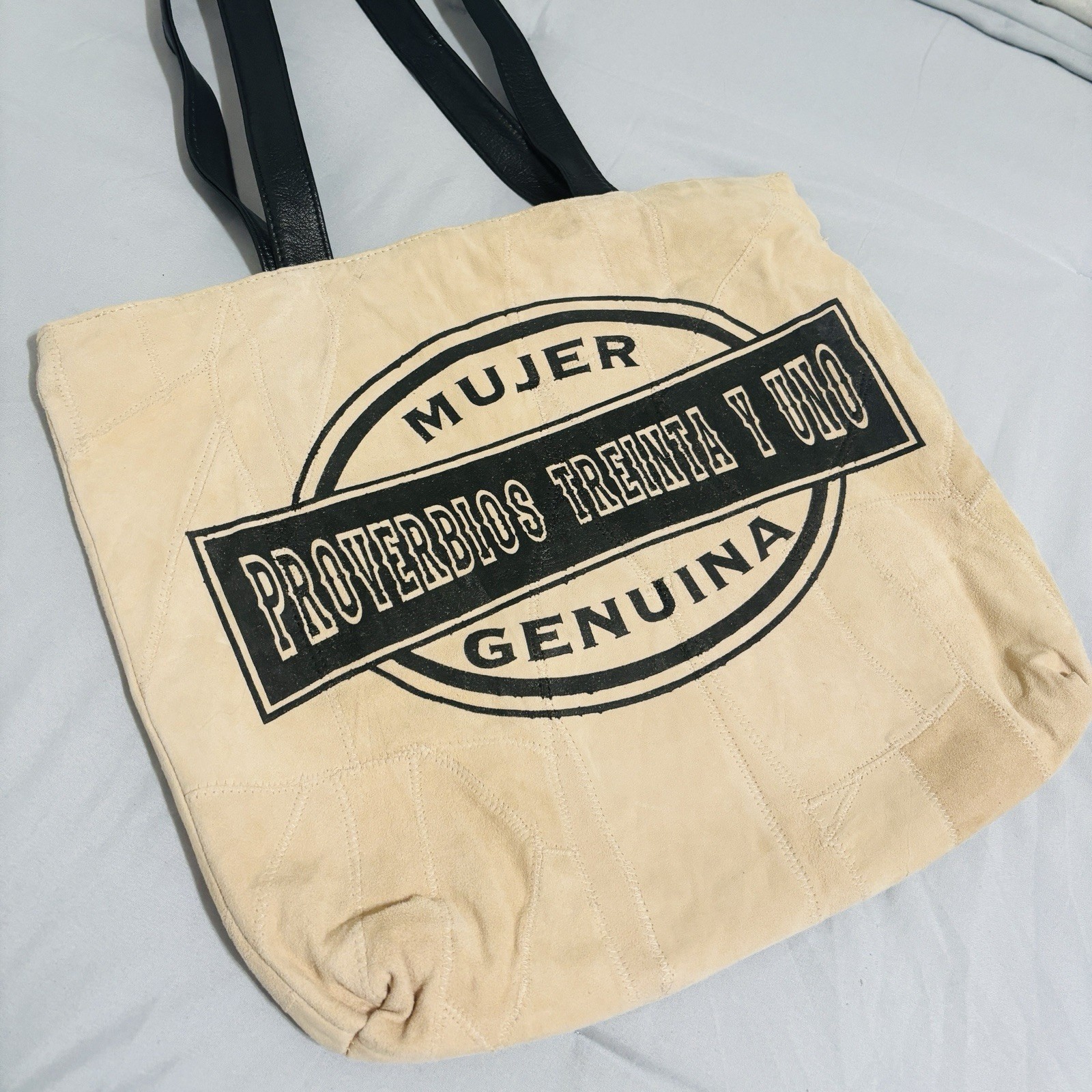 Genuine Soft Suede Recycled Leather Bible Tote Bag Tan Whipstitch