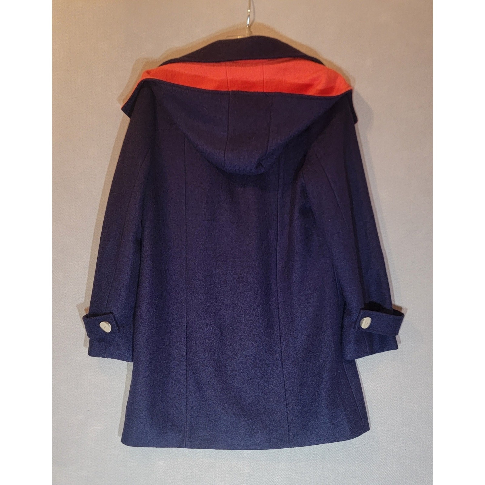 Kling Spain Navy Blue Red Wool Blend Toggle Removable Hood Coat Large