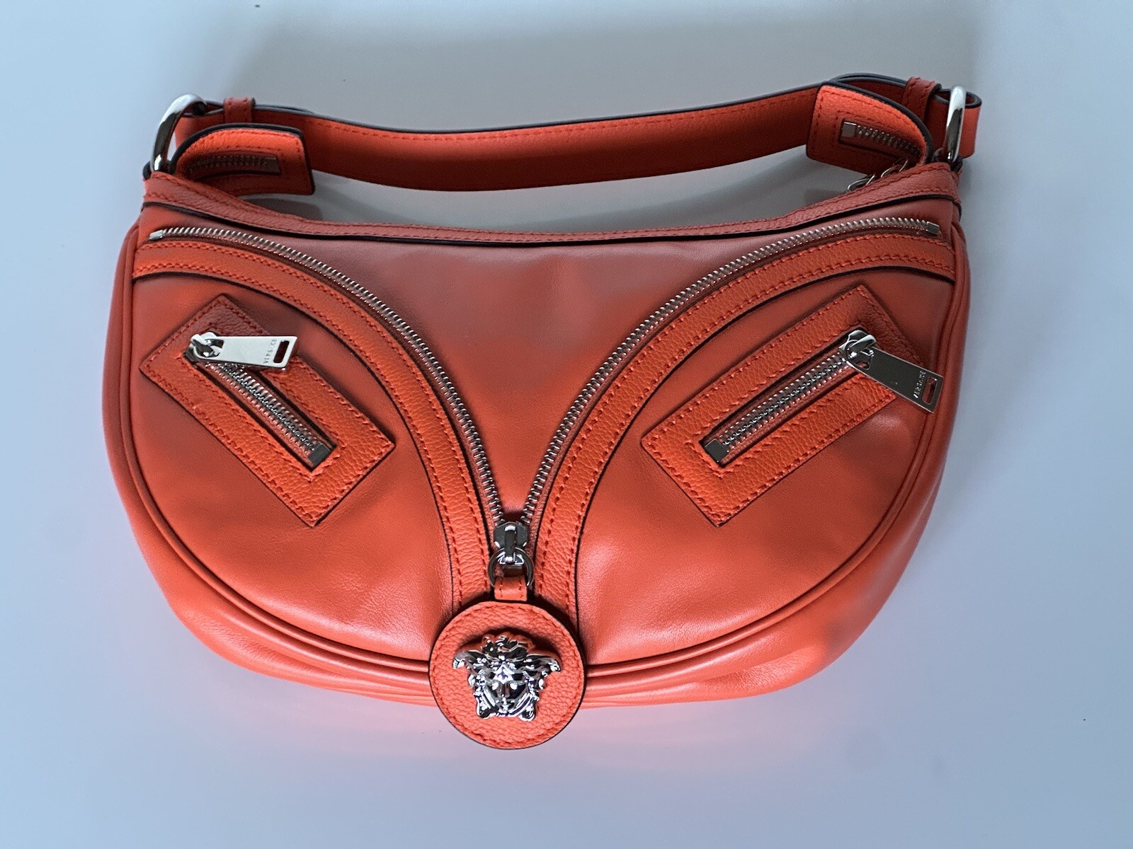 NWT $1925 Versace Silver Medusa Head Calf Leather Small Orange Hobo Bag 1007680