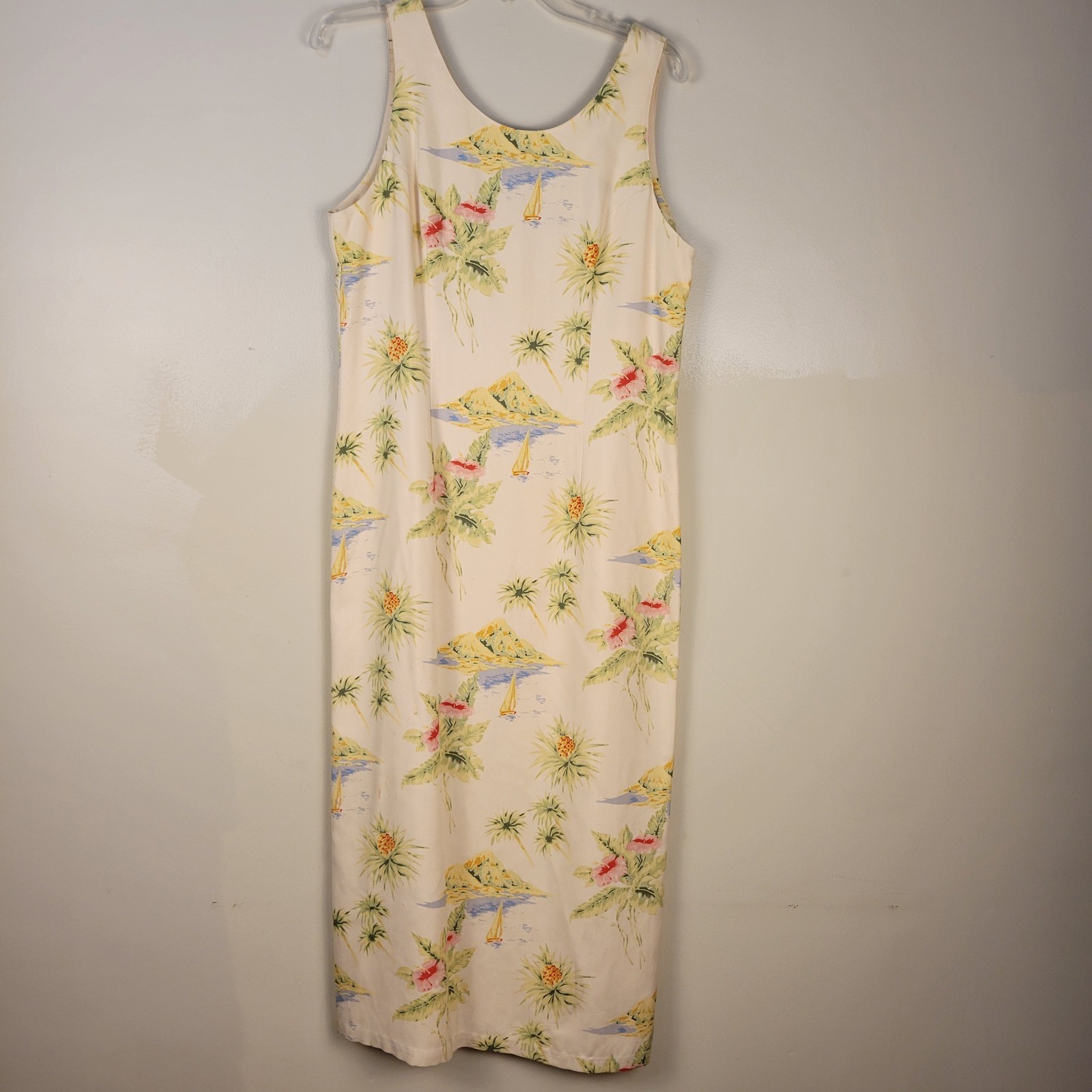 Pineapple Moon Womens Cream 100% Silk Tropical Hawaiian Maxi Dress Size M