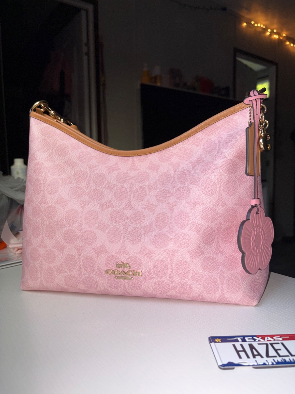 Coach Laurel Shoulder Bag Signature Canvas with Powder Pink Leather