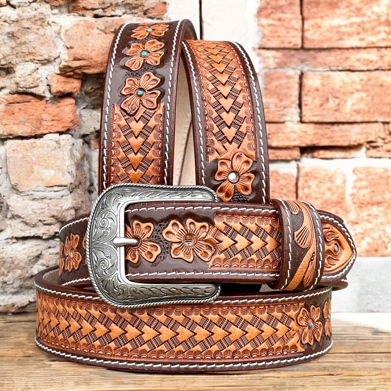 Genuine Men’s Leather Western Belt Embossed Handmade With Removable Buckle