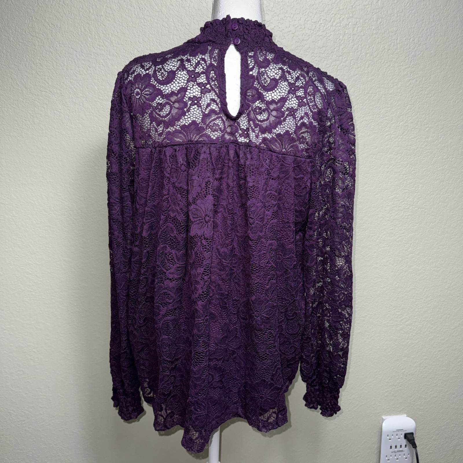 Cable & Gauge Purple Lace Top Blouse XL Smocked Neck Romantic Whimsigoth Fairy
