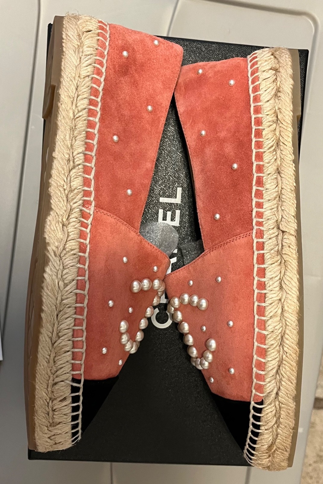 Chanel Espadrilles Pink and Black Suede with Pearl CC- Authentic New in Box