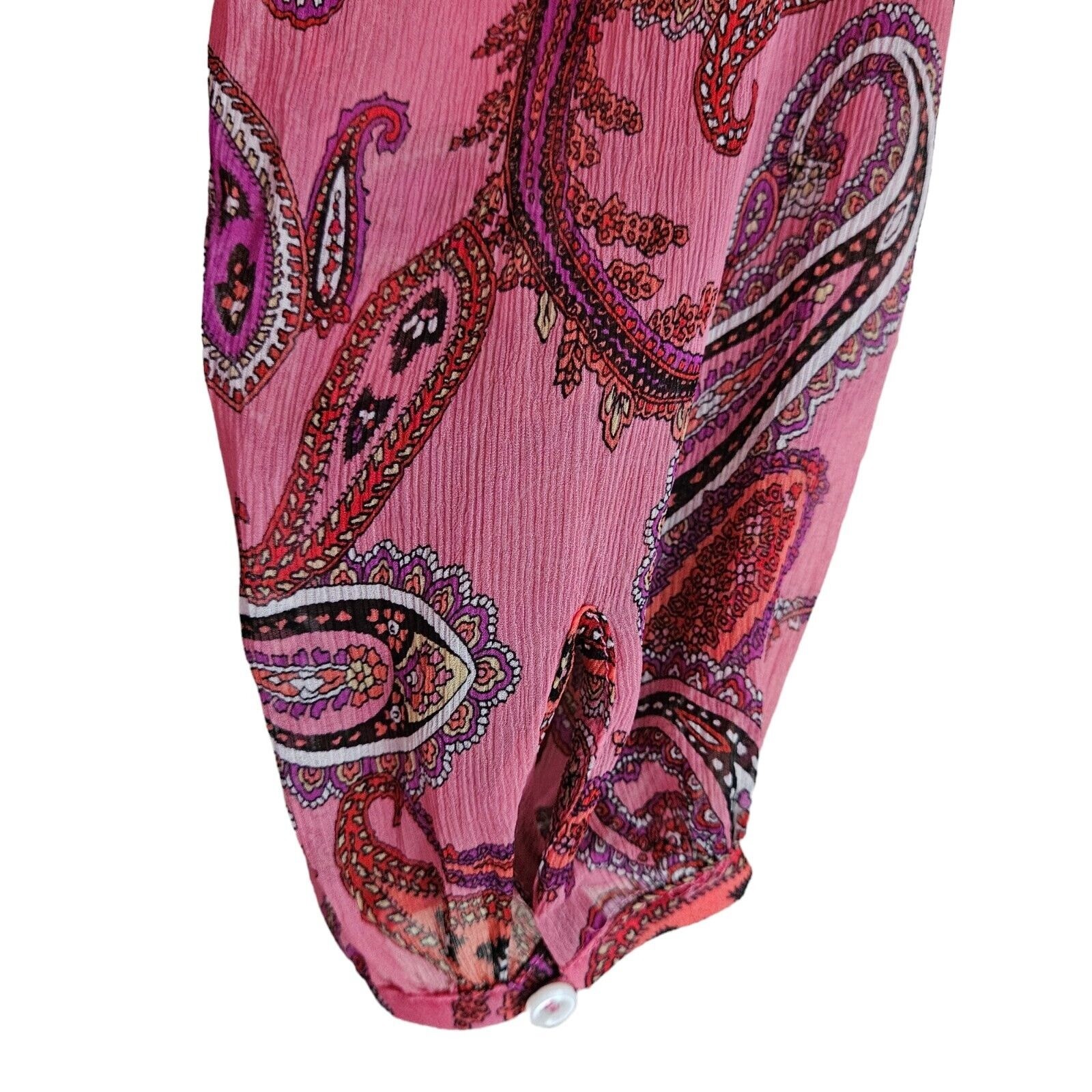 J. CREW Women 0 Silk Blouse Top Pink Paisley Ruffles Lined Long Sleeve Bust 34″