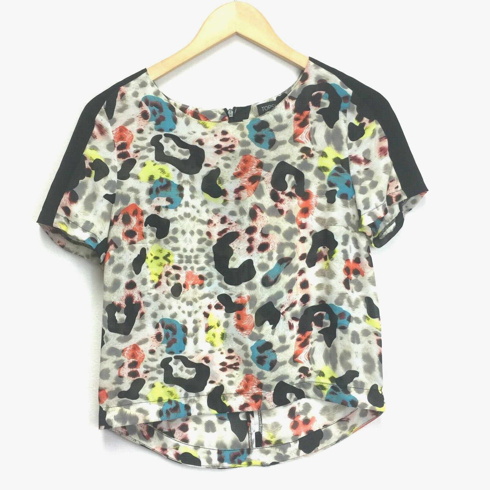 size 2 Topshop womens blouse top Eur 34 black/cheetah/leopard polyester