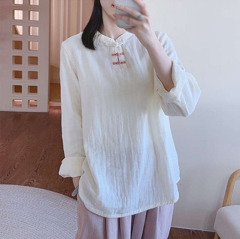 Spring Chinese Style Womens Casual Tops Blouse Loose Long Sleeve Pullover Shirts