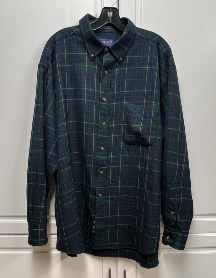 Sir Pendleton Wool Green Blue Tartan Long Sleeve Button Shirt – Extra Large XL