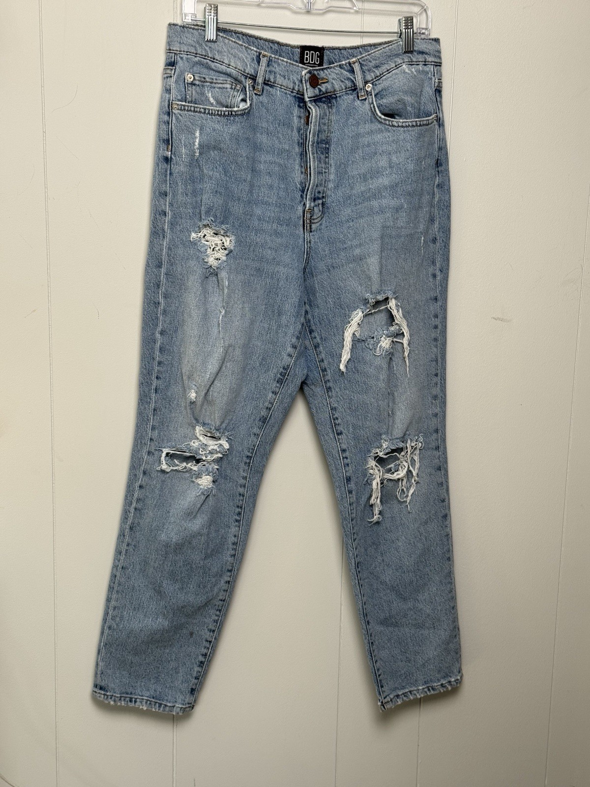 BDG Distressed Light Blue High Rise Slim Straight Cotton Blend Denim Jeans Sz 30
