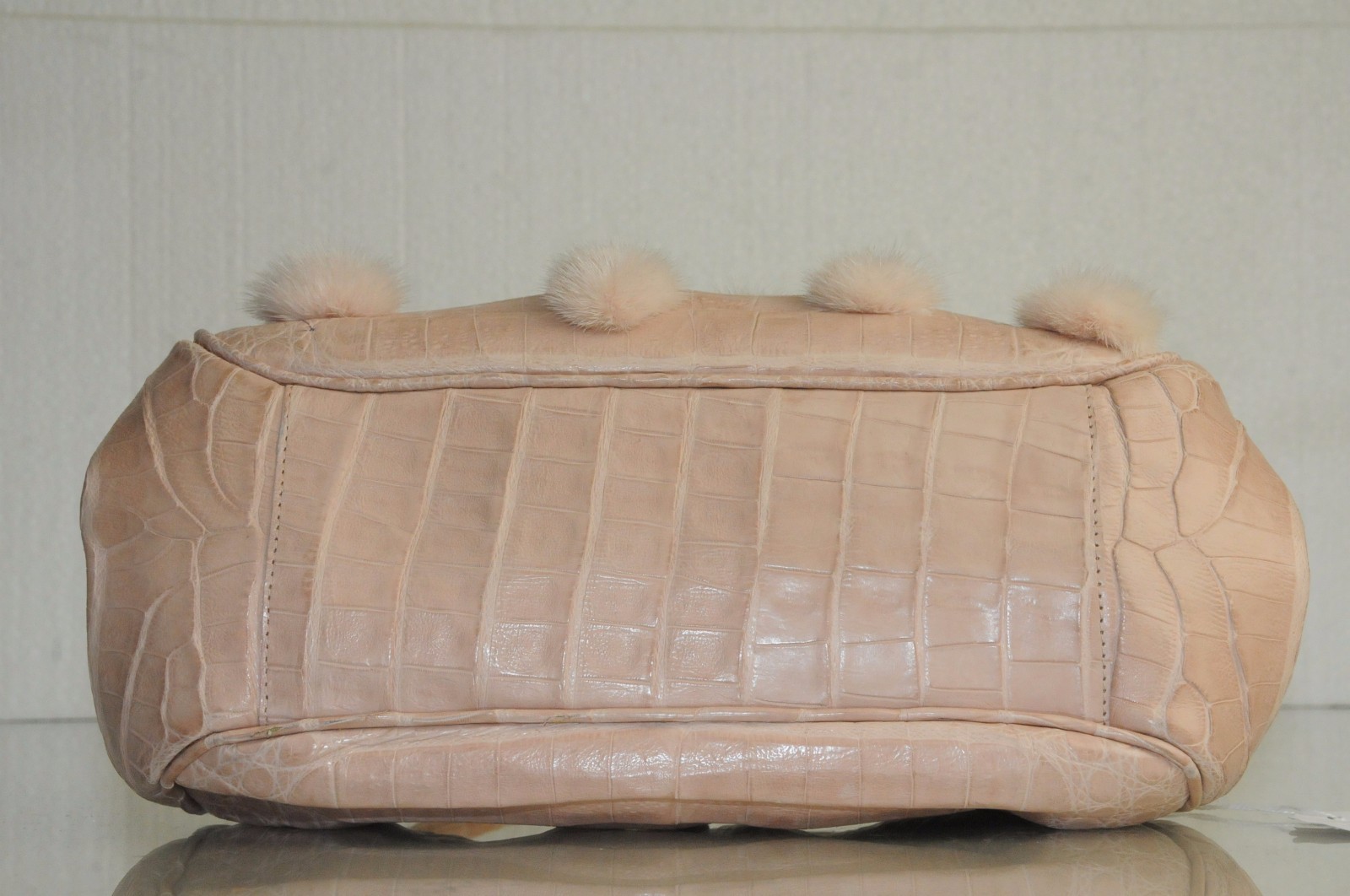 $3600 NEW Nancy Gonzalez Pale Pink CROCODILE Mink Pom Pom BAG Clutch