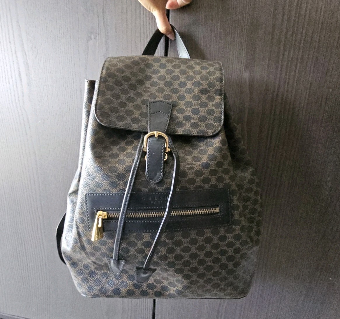 CELINE Macadam Monogram Backpack Brown/Black Buckle & Zipper Gold Hardware