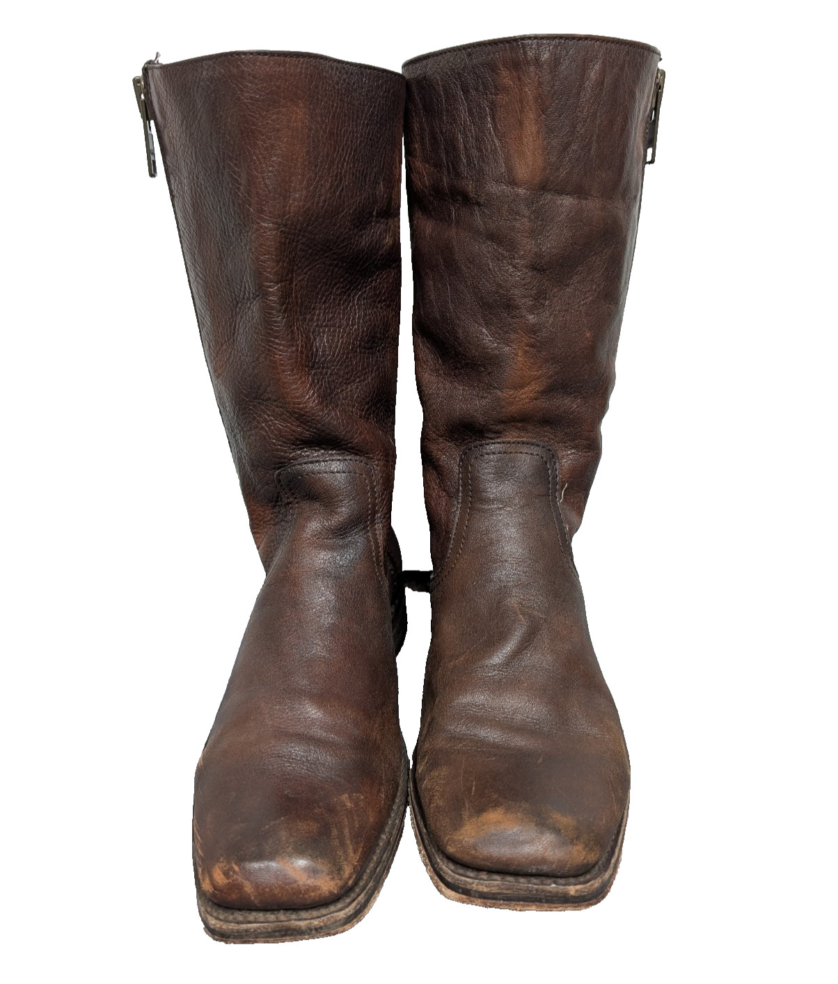 Frye Heath Boots Womens 9B Western Moto Square Toe Zipper Brown Distressed 90s