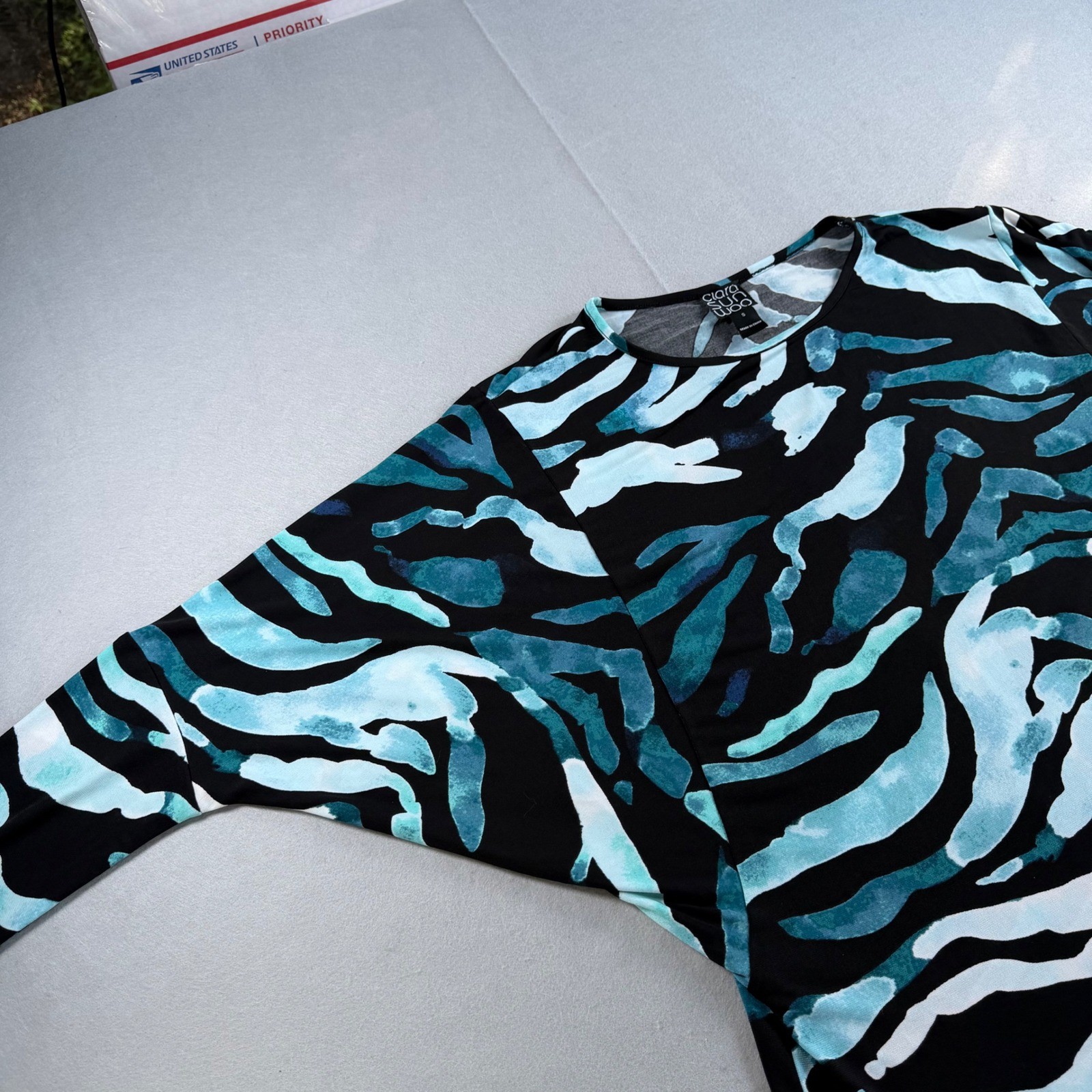 Clara Sunwoo Blue Black Abstract Zebra Print Dolman Sleeve Knit Top Womens Small