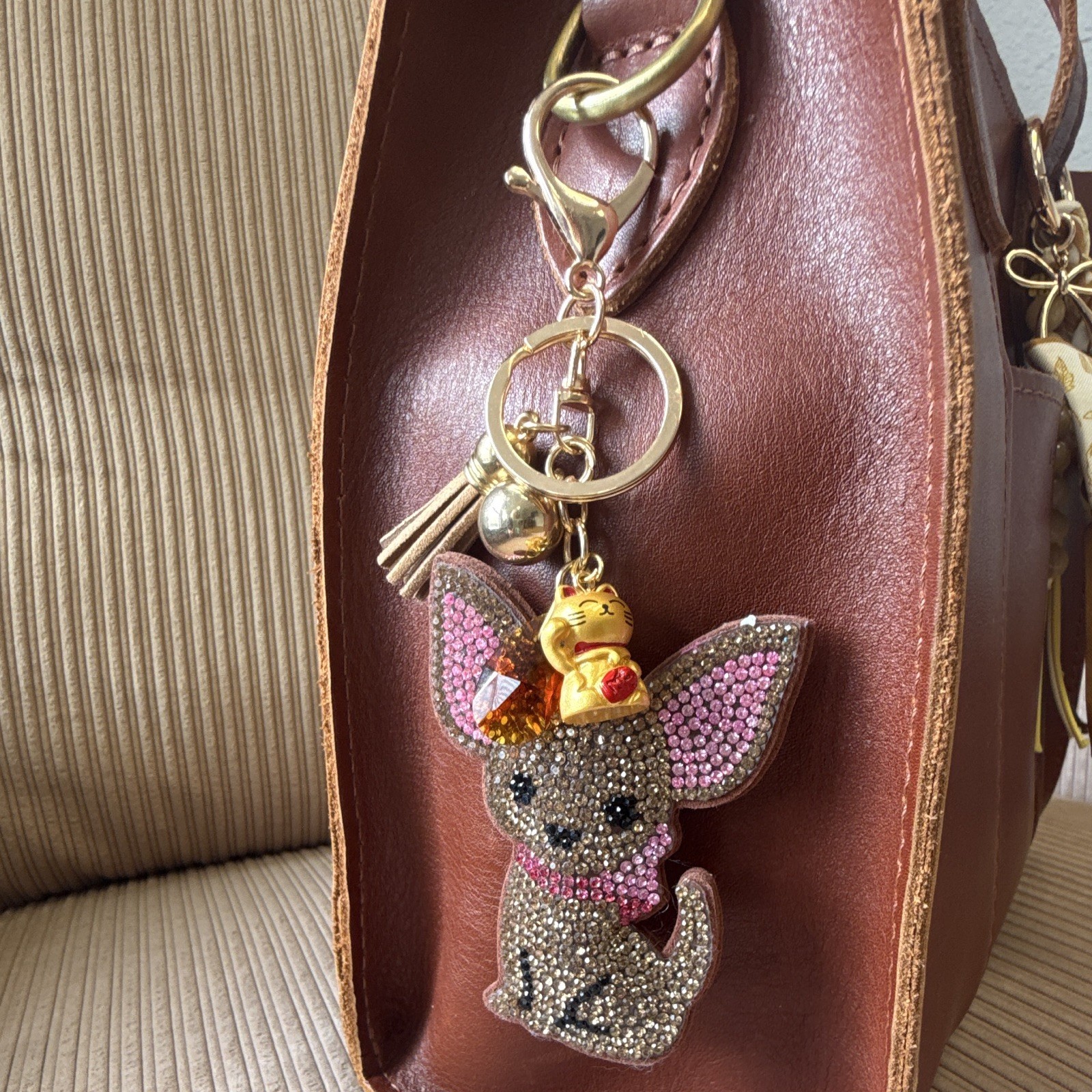 Rhinestone Dog & Maneki-neko Key Chain Bag Charm Tassel Clip 6in Gold Pink
