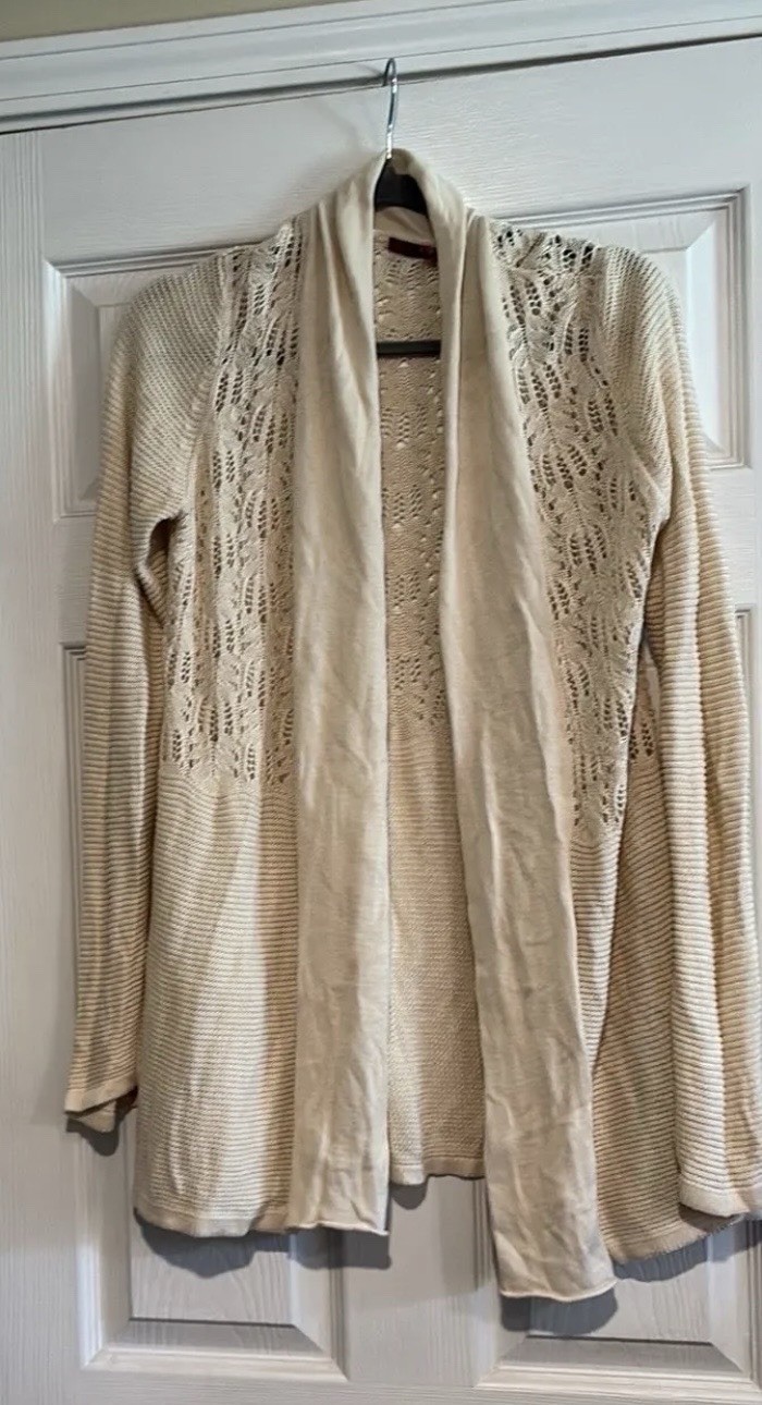Bellini Women’s Beige Open-Knit Open Front Cardigan Sweater Long Sleeve L