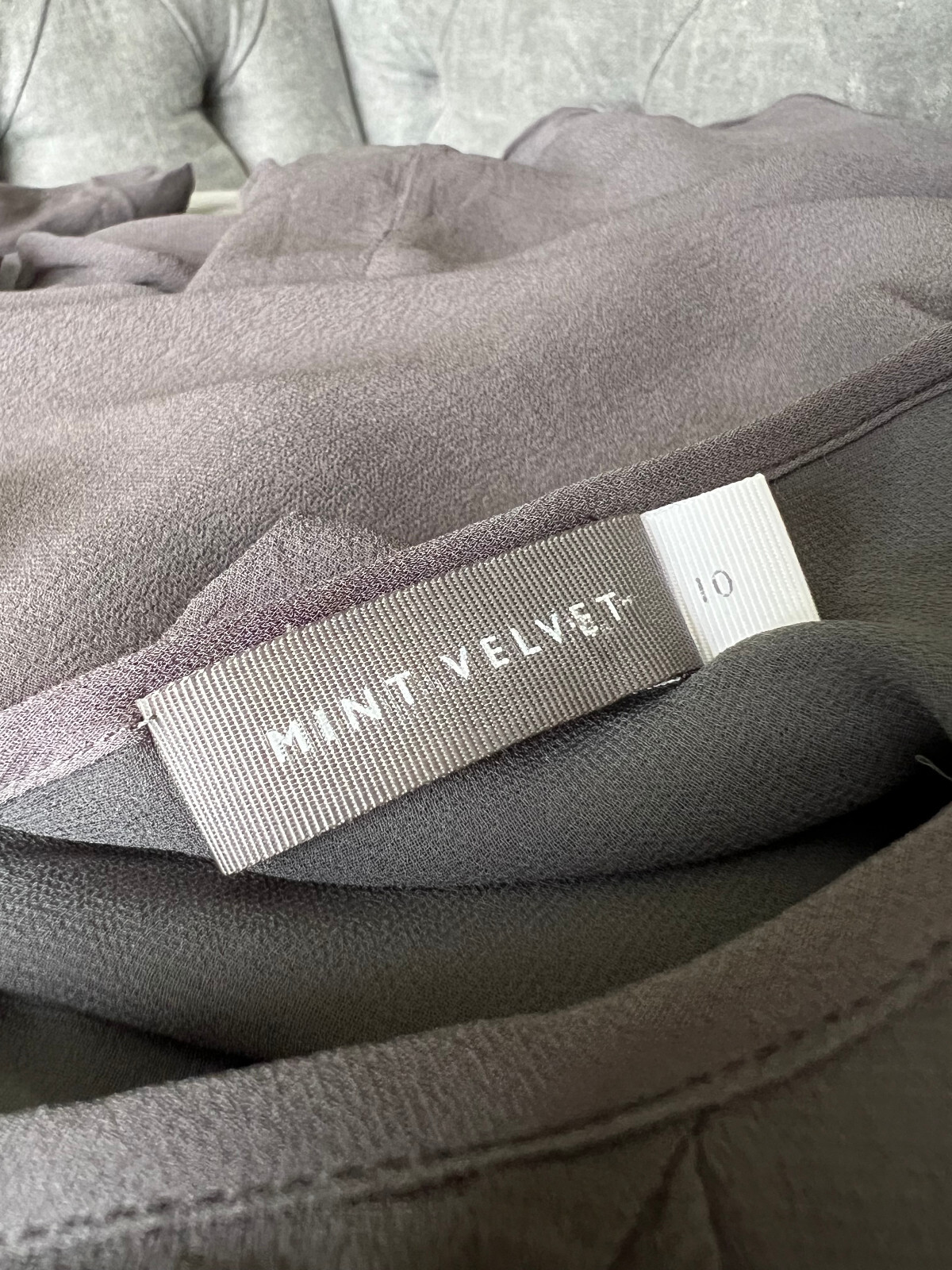 Mint Velvet Top Blouse Ash Grey Chiffon Frill detail lined top UK 10
