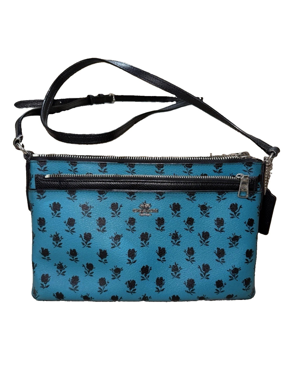 Coach Badlands Floral Removable Pouch Crossbody Bag Black Turquoise Leather
