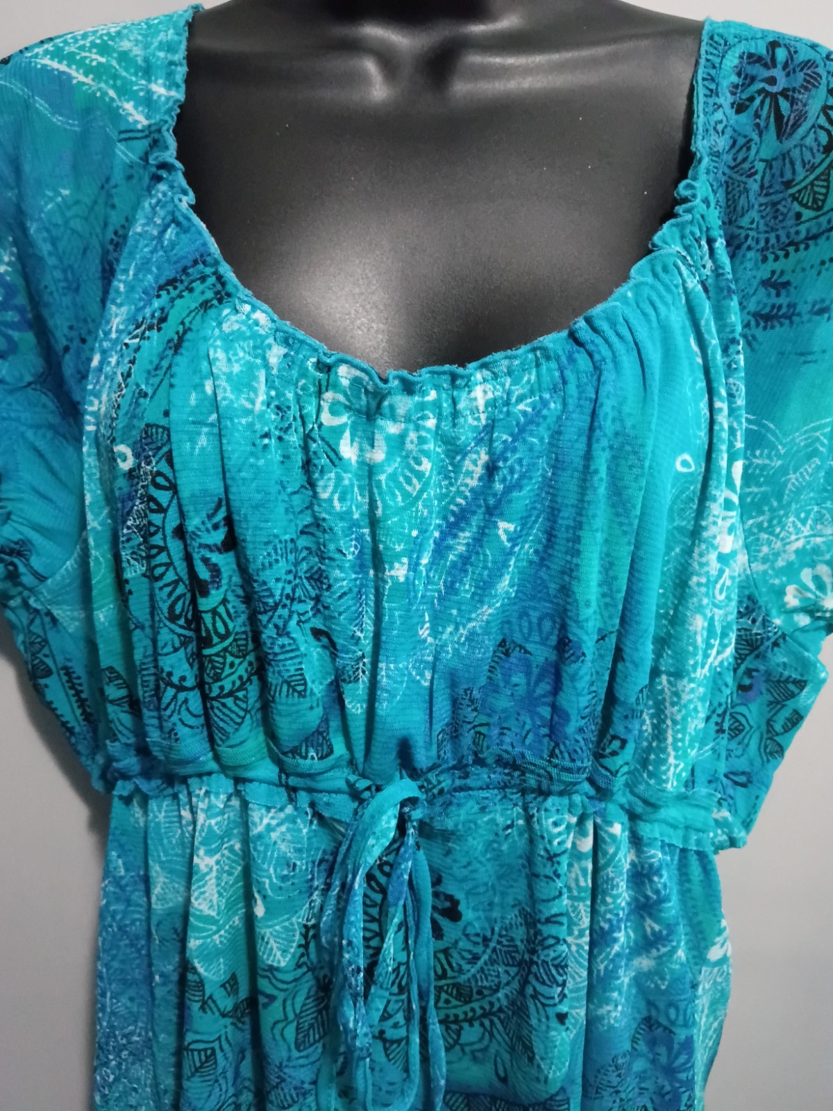 Liz Claiborne Axcess Shirt XL Scoop Neck Short Cap Sleeve Floral Blue Blouse