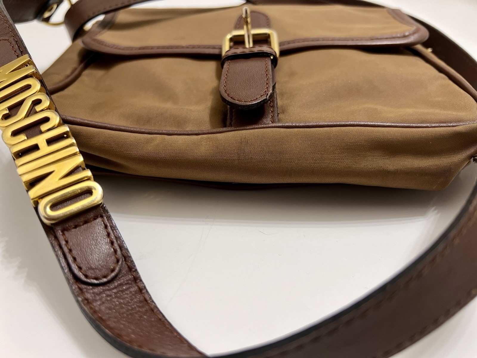 MOSCHINO by REDWALL Tan Nylon + Leather Vintage Crossbody Shoulder Bag