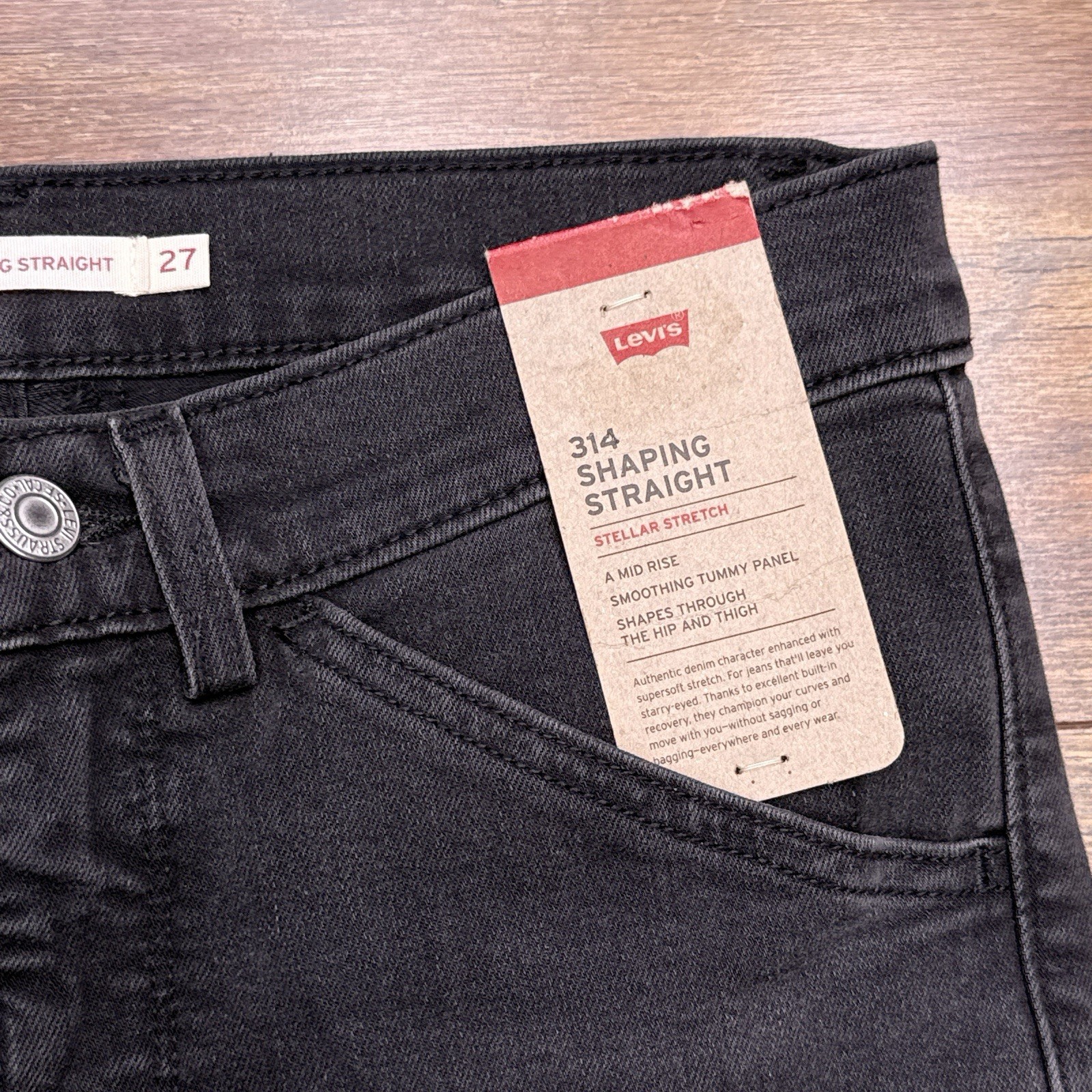 Levis 314 Shaping Straight Jeans Womens 27 Black Mid Rise Stretch 27×32 New